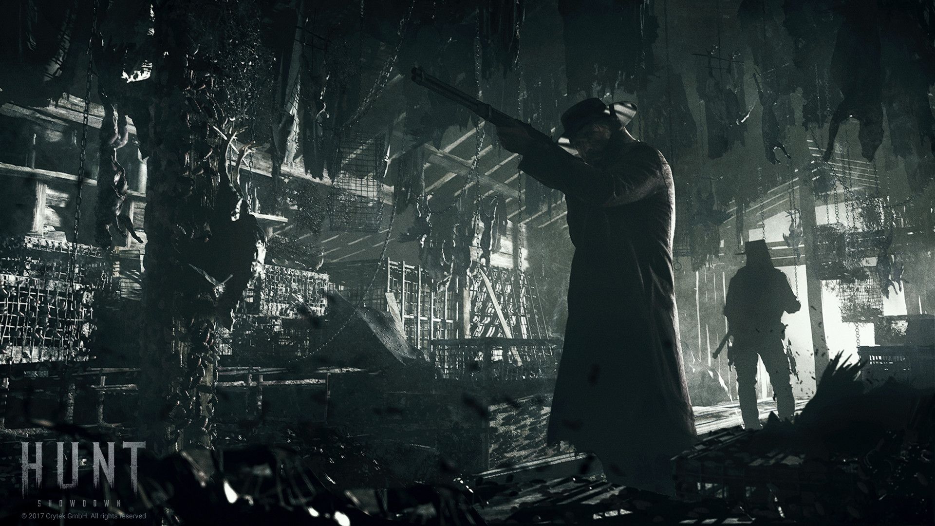 Hunt: Showdown, Jäger, Schwarz-Weiß, Ruine, Gewehr, 16:9, Full-HD-Hintergrundbild für den Desktop