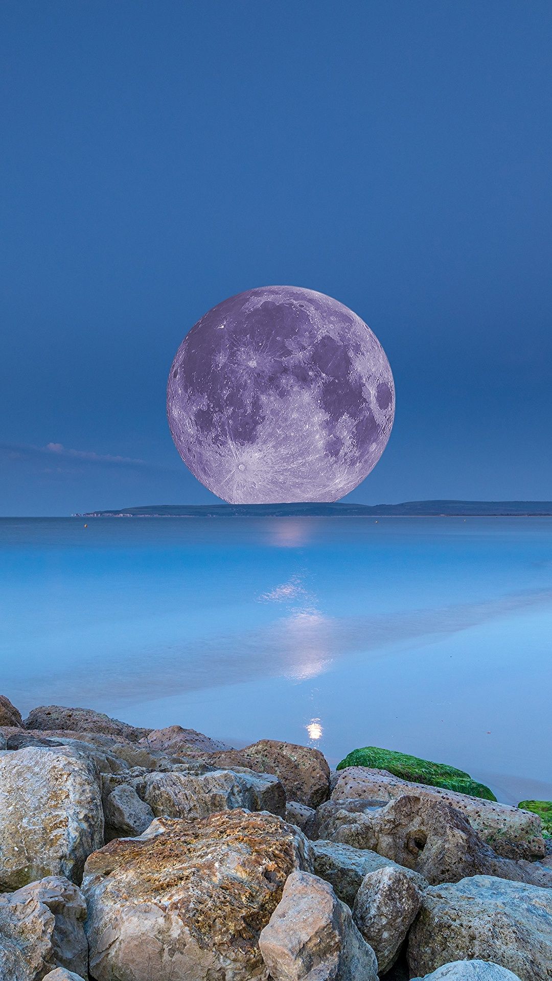 Vollmond, Meer, Steine, Blaue Stunde, Horizont, Full HD, Sperrbildschirm fürs iPhone