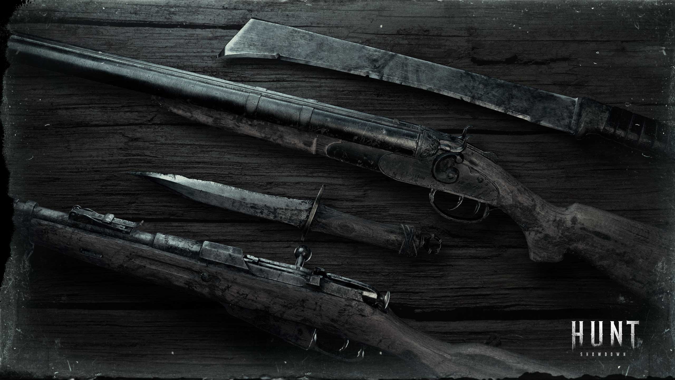 Hunt: Showdown, Waffen, Machete, Gewehre, Holztisch, 2560x1440, 2K-Hintergrundbild für PC
