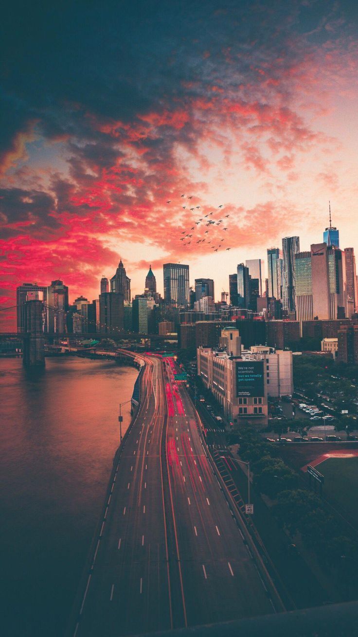 Manhattan, New York, Skyline, Roter Himmel, Lichtspuren, Fluss, HD, iPhone-Hintergrundbild
