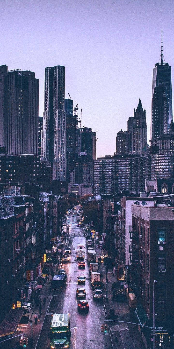 Manhattan, New York, Hochhäuser, Lila Himmel, Straße, Hintergrundbild für iPhone und Android
