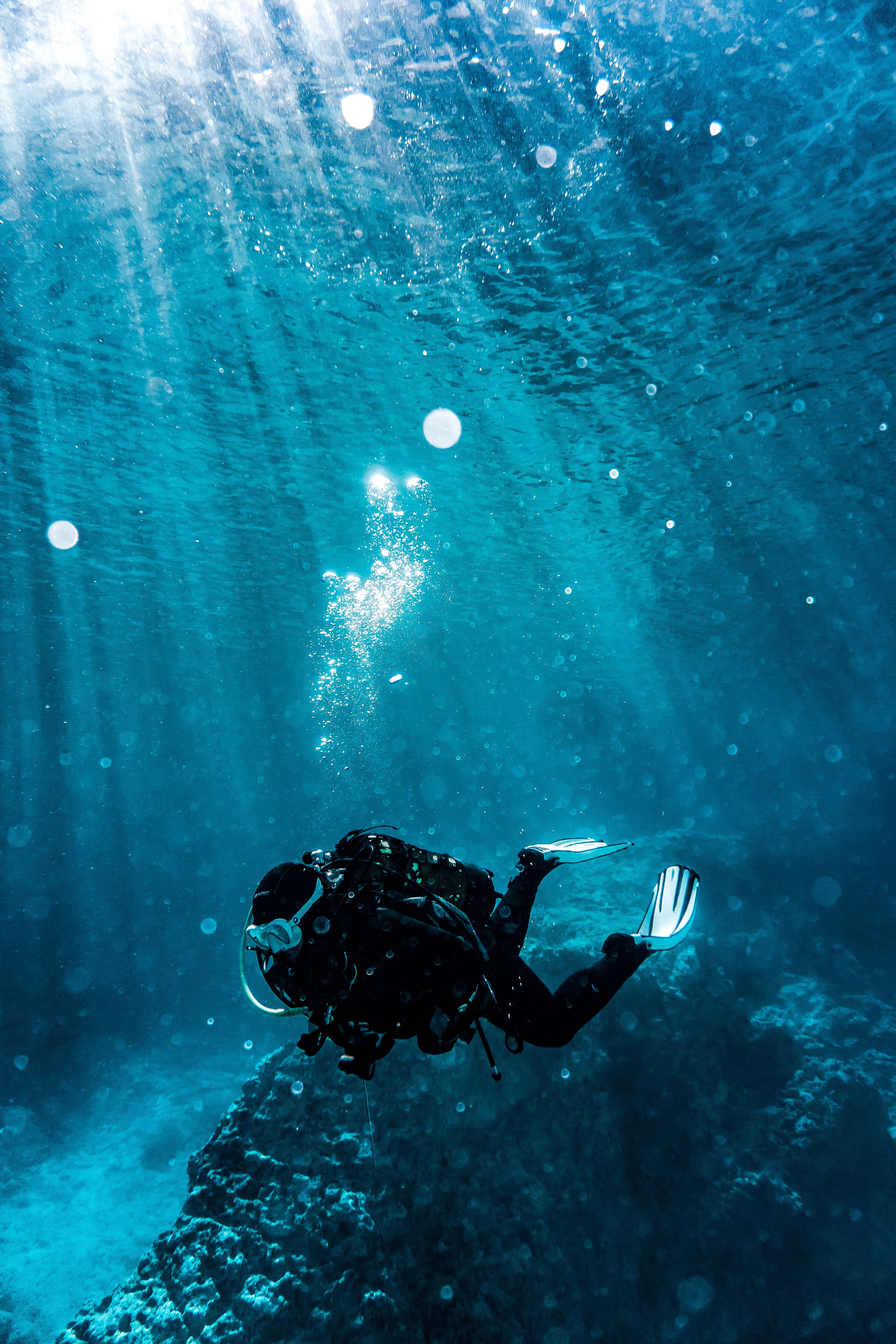 Gerätetaucher, Sonnenstrahlen, Luftblasen, Riff, Blaues Wasser, Android-Hintergrundbild