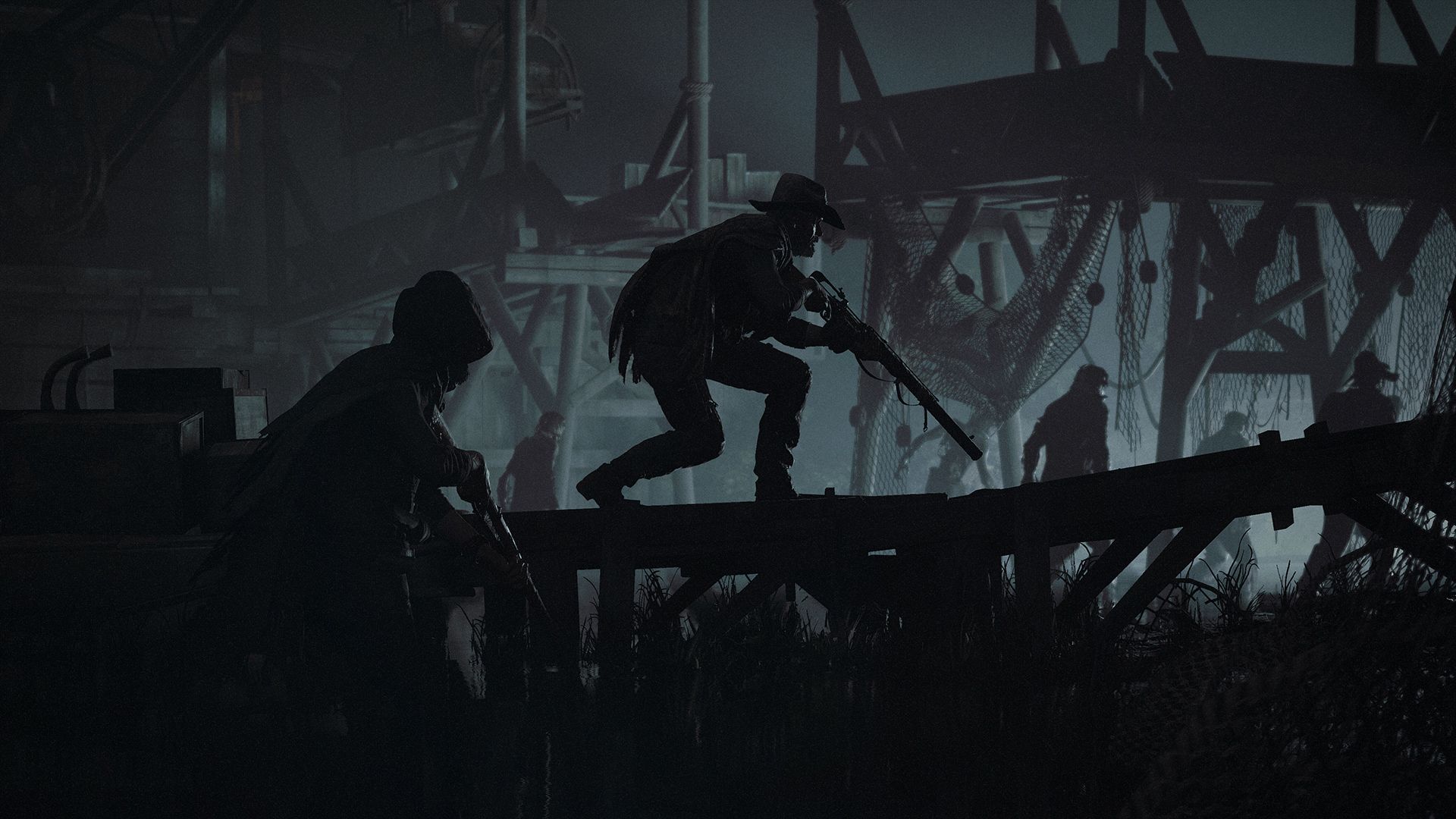 Hunt: Showdown, Jäger, Silhouetten, Holzgerüst, Düster, 1920x1080, Full-HD-Hintergrundbild für PC