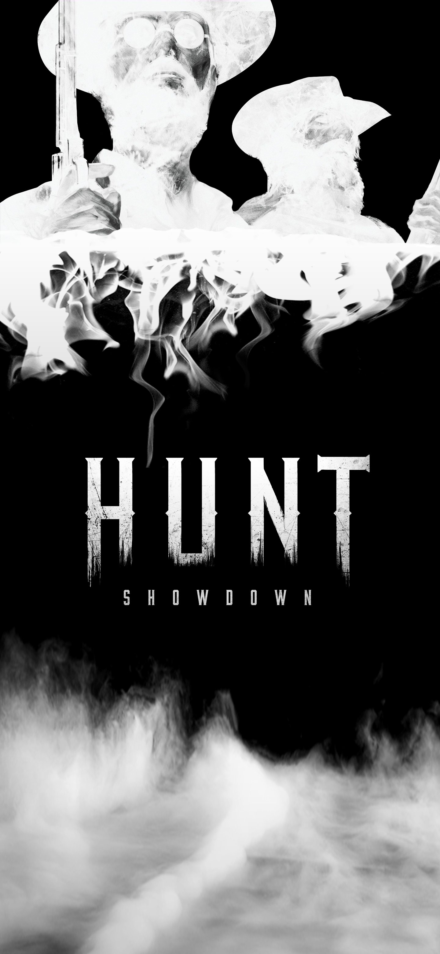 Hunt: Showdown, Logo, Weißer Hintergrund, Rauch, Silhouetten, Sperrbildschirm fürs iPhone