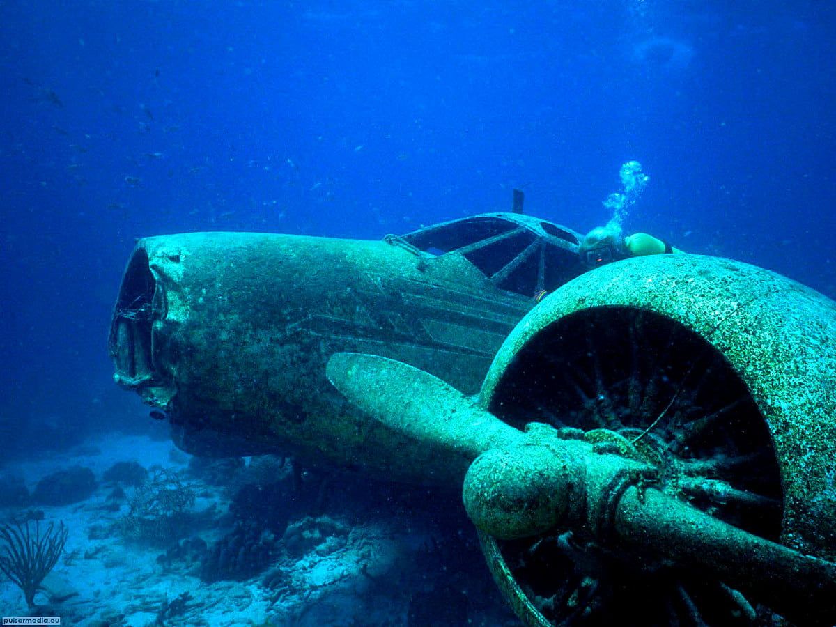 Flugzeugwrack, Propeller, Wracktauchen, Taucher, Meeresgrund, Hintergrundbild fürs Tablet