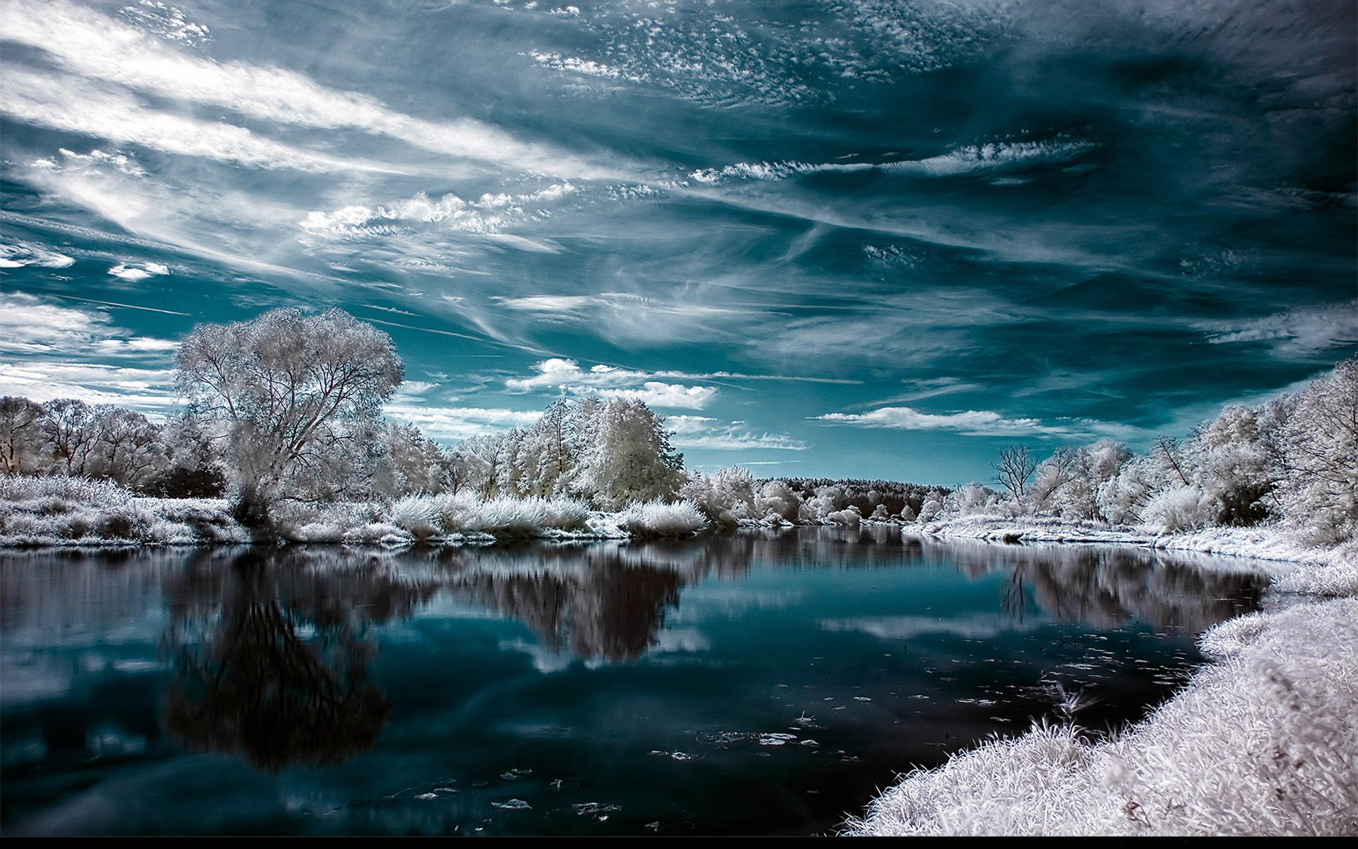 Raureif, Fluss, Bäume, Wolken, Winter, Full HD, Desktop-Hintergrund für Windows