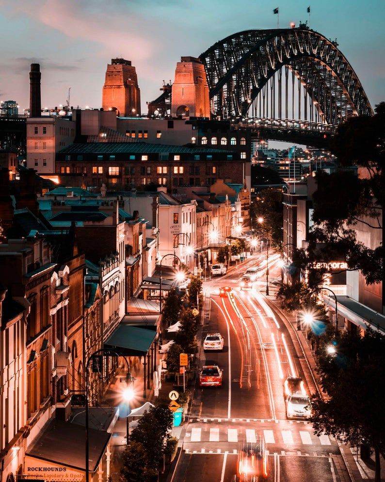 Sydney Harbour Bridge, The Rocks, Sydney, Nacht, Lichtspuren, Hintergrundbild fürs iPad
