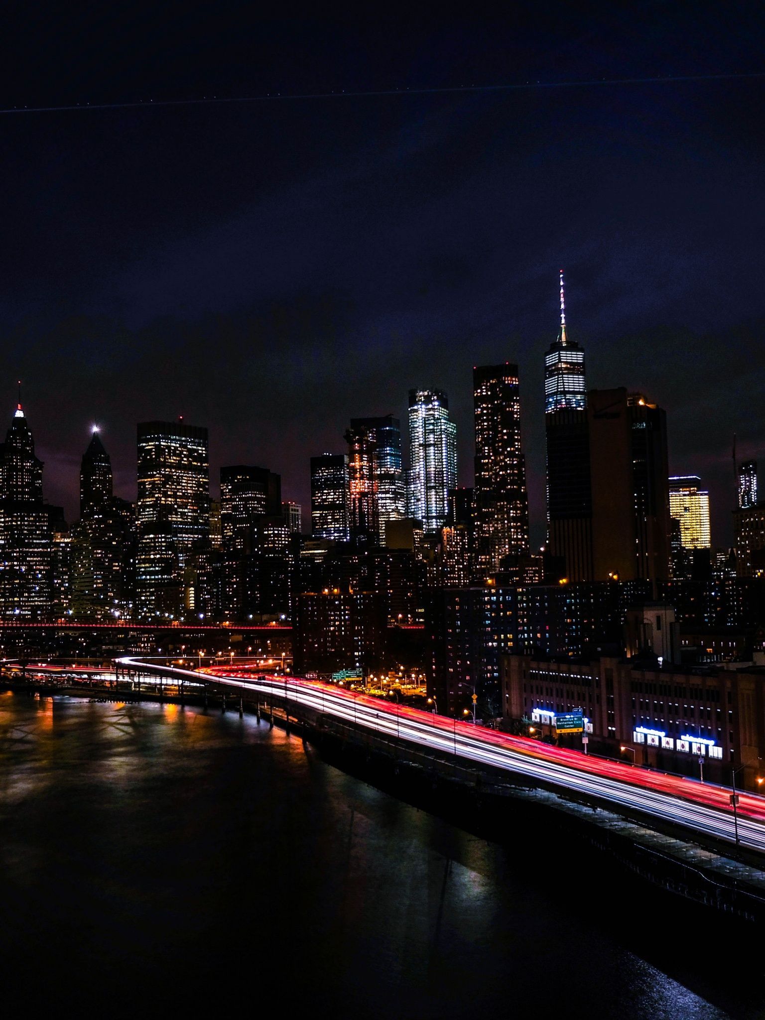Manhattan, One World Trade Center, New York, Nacht, Lichtspuren, Skyline, Hintergrundbild fürs iPad