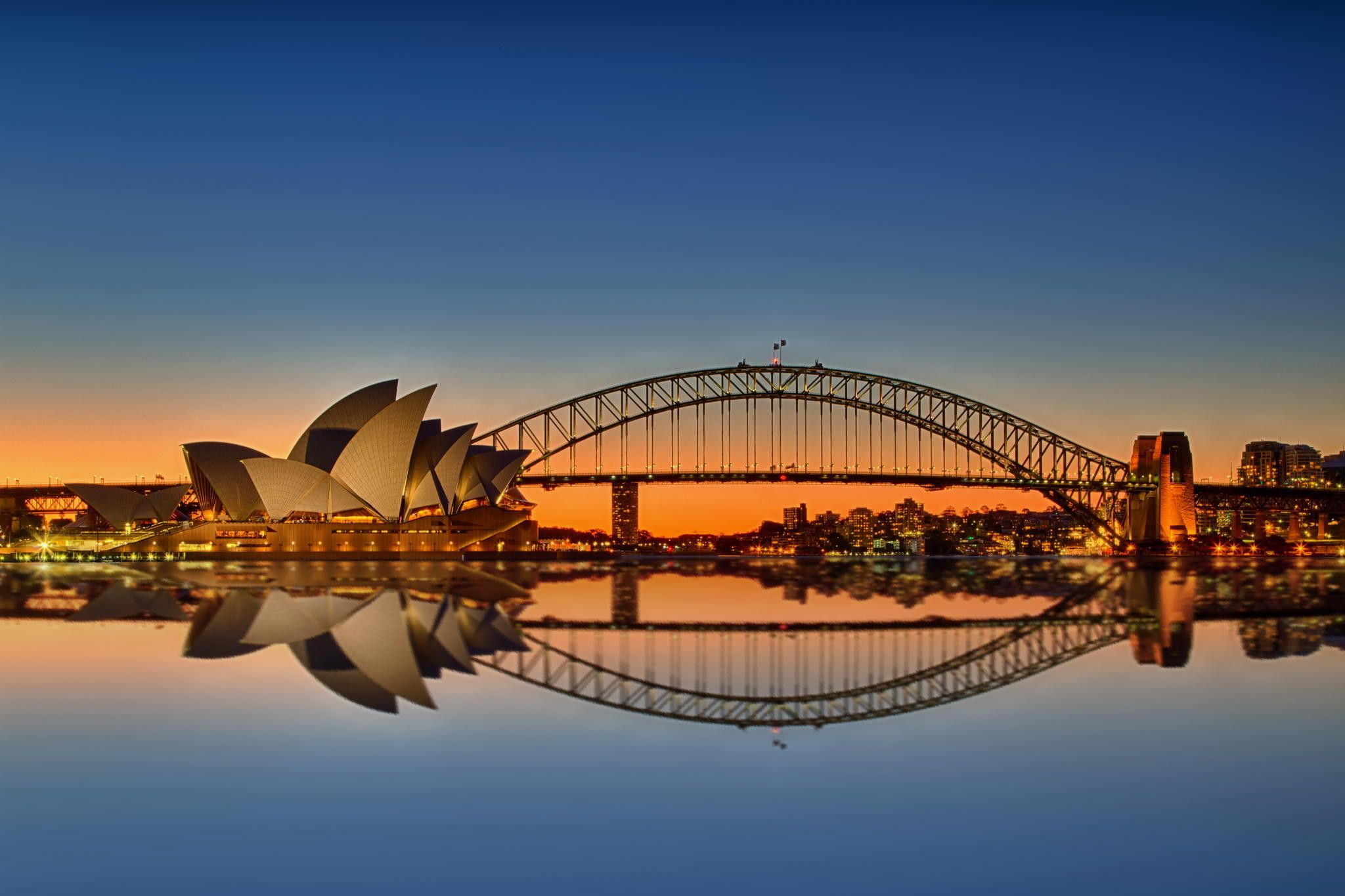Sydney Opera House, Sydney Harbour Bridge, Sydney, Spiegelung, Blaue Stunde, Full-HD-Hintergrundbild