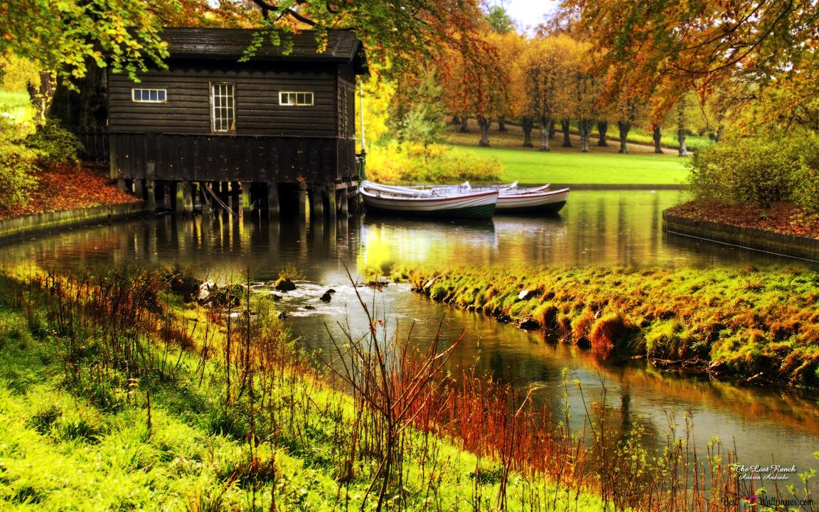 Bootshaus, Teich, Herbst, Park, Ruderboote, Hintergrundbild