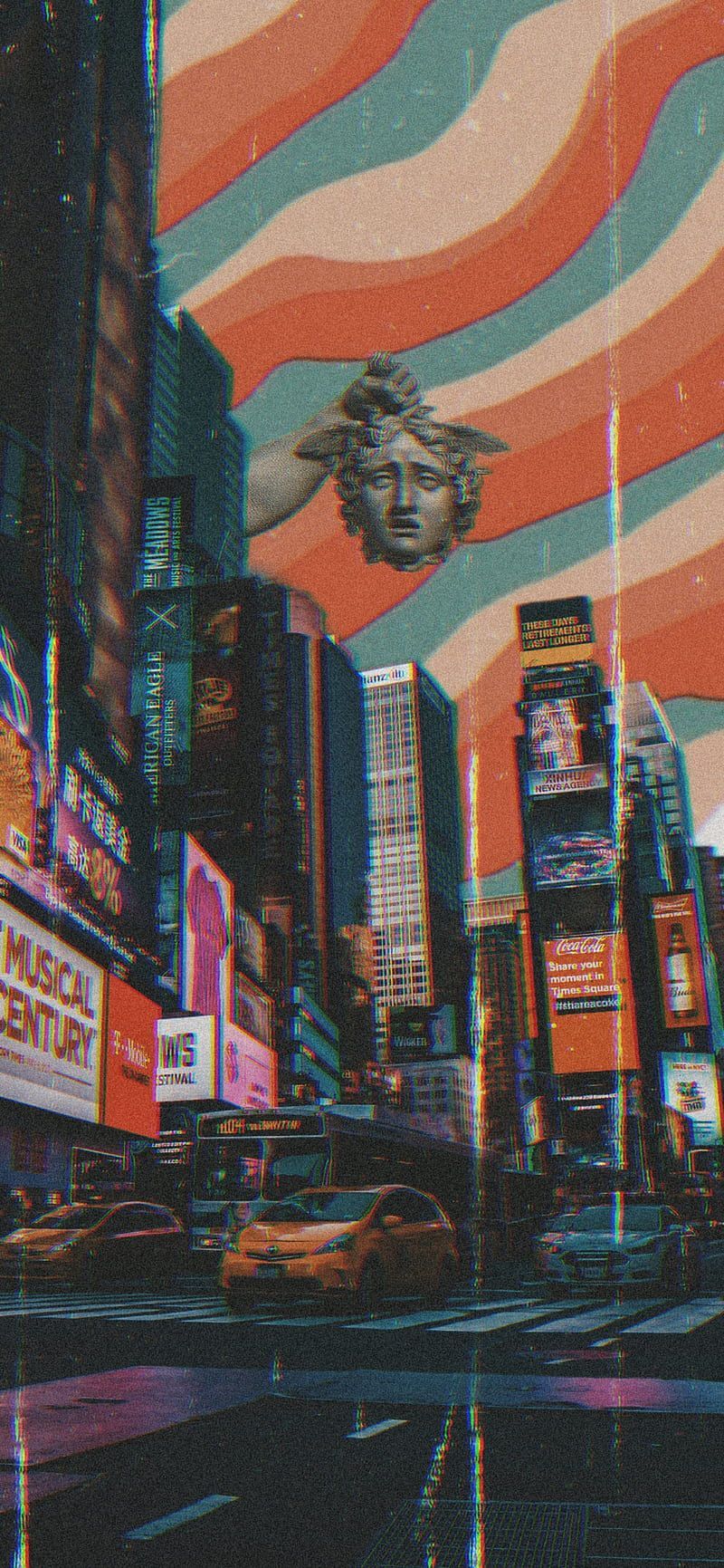 Times Square, Freiheitsstatue, Pop-Art, Retro-Wellen, Hochformat, Hintergrundbild fürs Smartphone