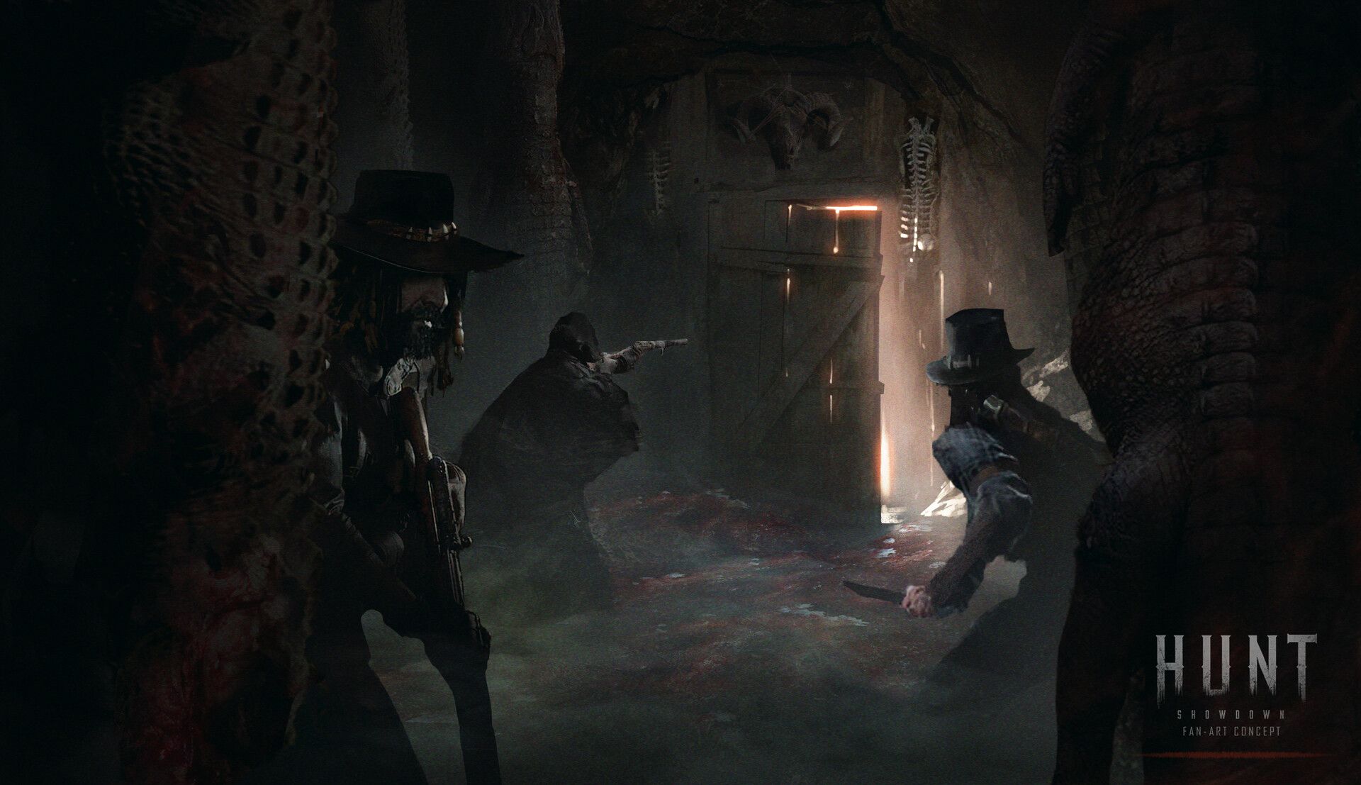Hunt: Showdown, Jäger, Innenraum, Kampf, Dunkel, Full HD, Desktop-Hintergrund für Windows