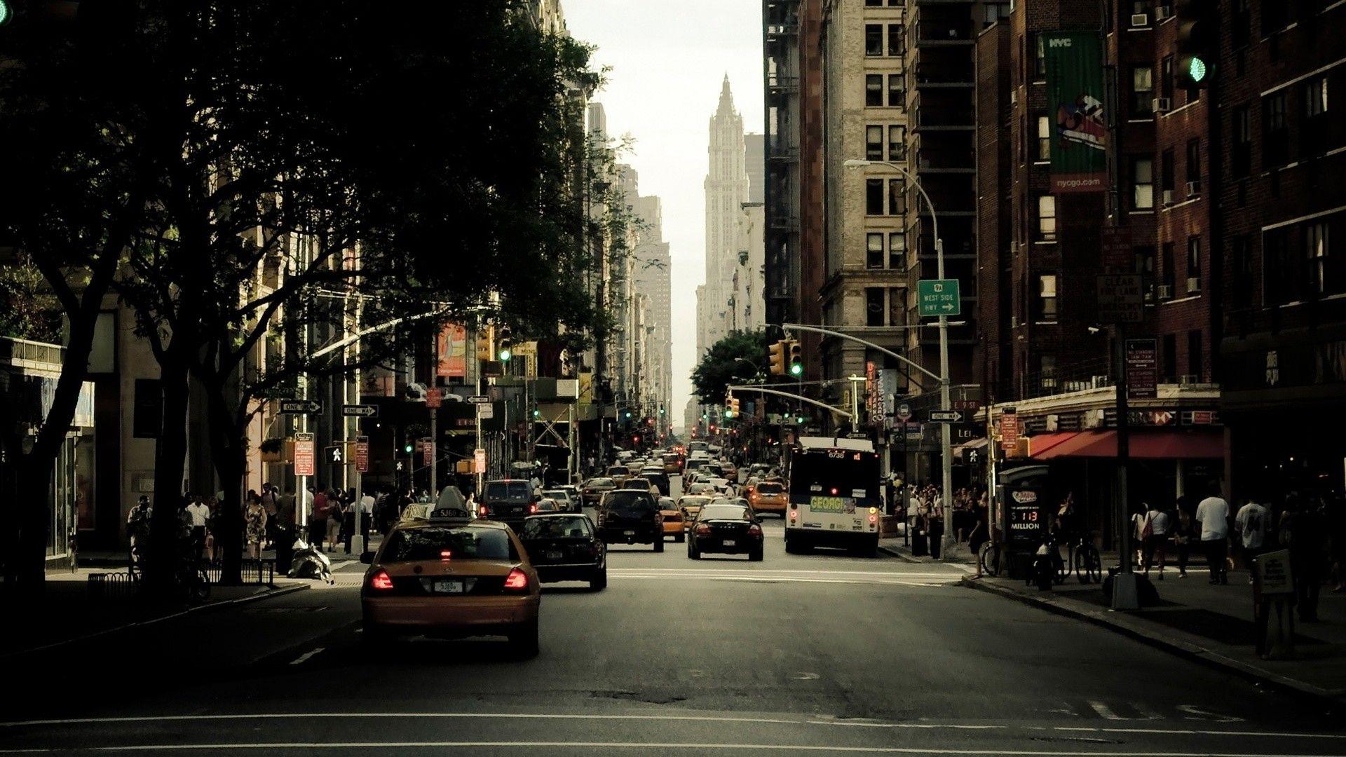 Empire State Building, New York, Straße, Taxis, Bäume, 16:9, Full-HD-Hintergrundbild für den Desktop
