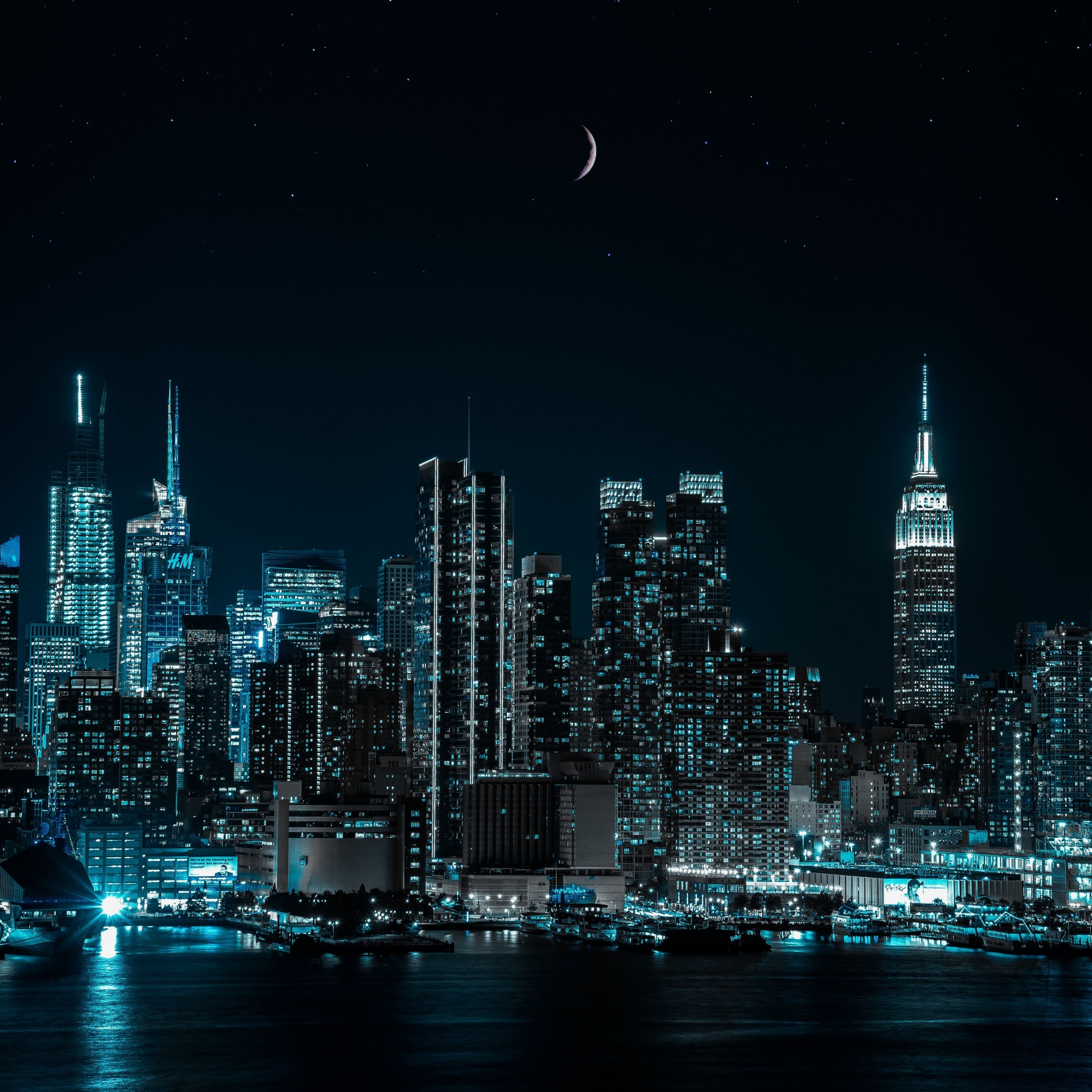 Manhattan, Empire State Building, New York, Nacht, Mondsichel, Skyline, 2K, iPad-Hintergrundbild