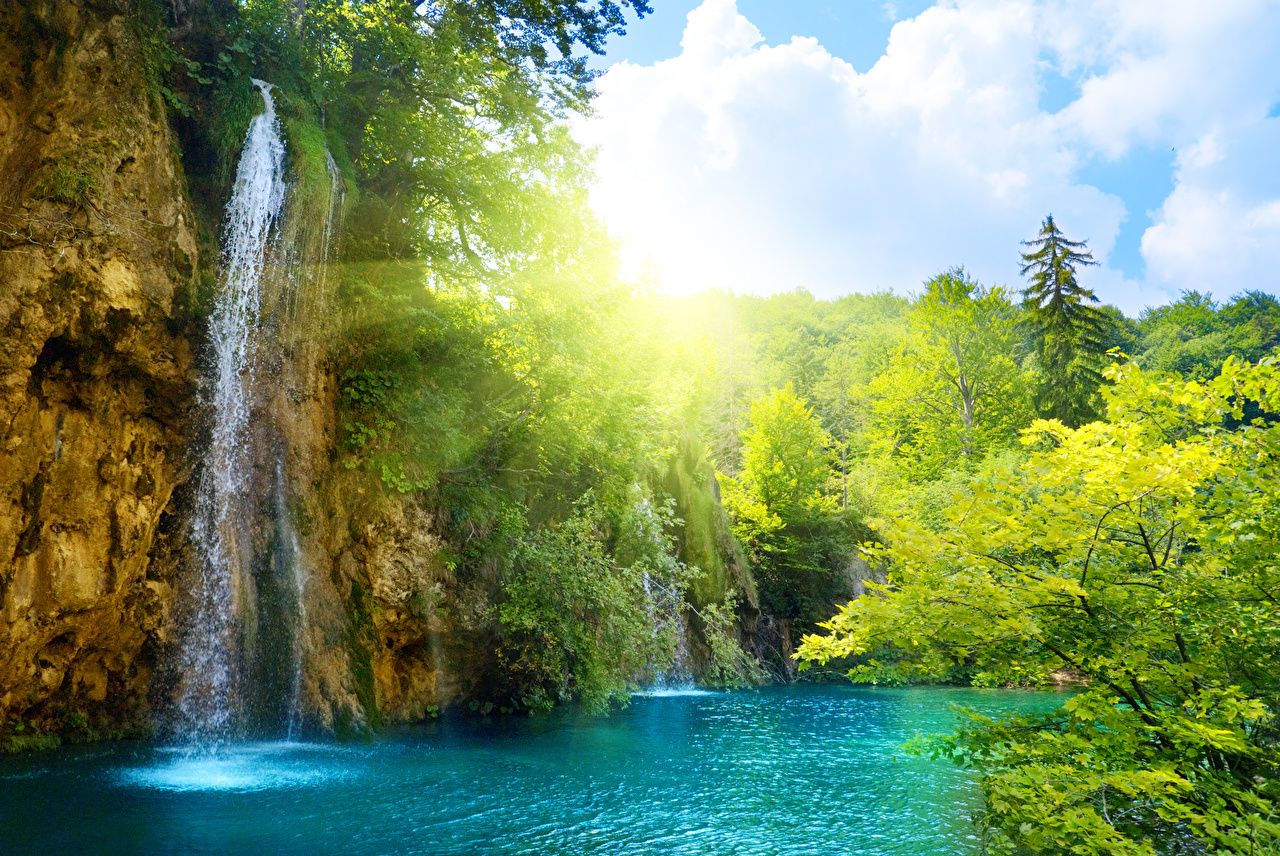 Wasserfall, Türkises Wasser, Wald, Sonne, Felsen, HD, Hintergrundbild für den PC