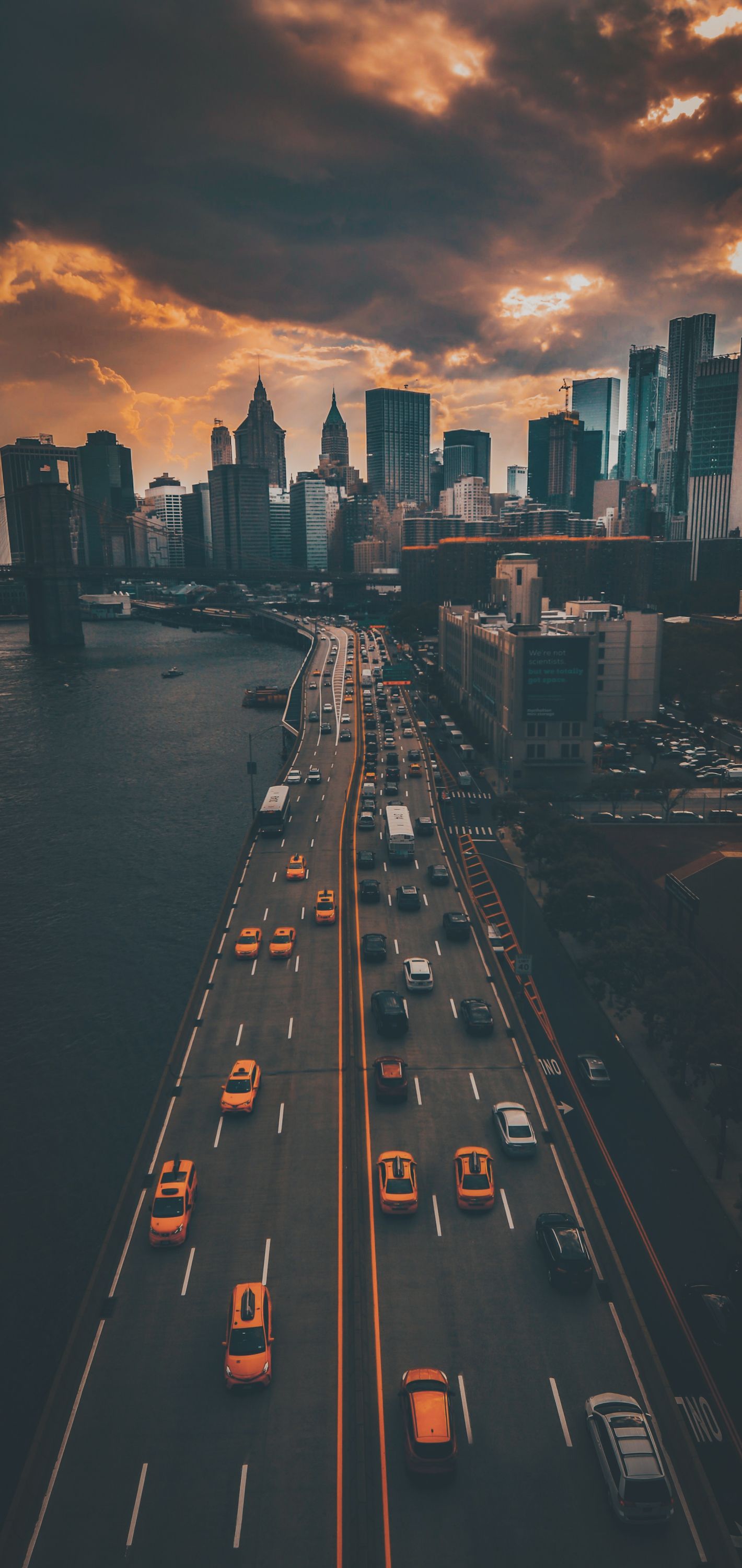 Manhattan, New York, Highway, Gelbe Taxis, Luftaufnahme, Wolken, Full HD, Handy-Hintergrundbild