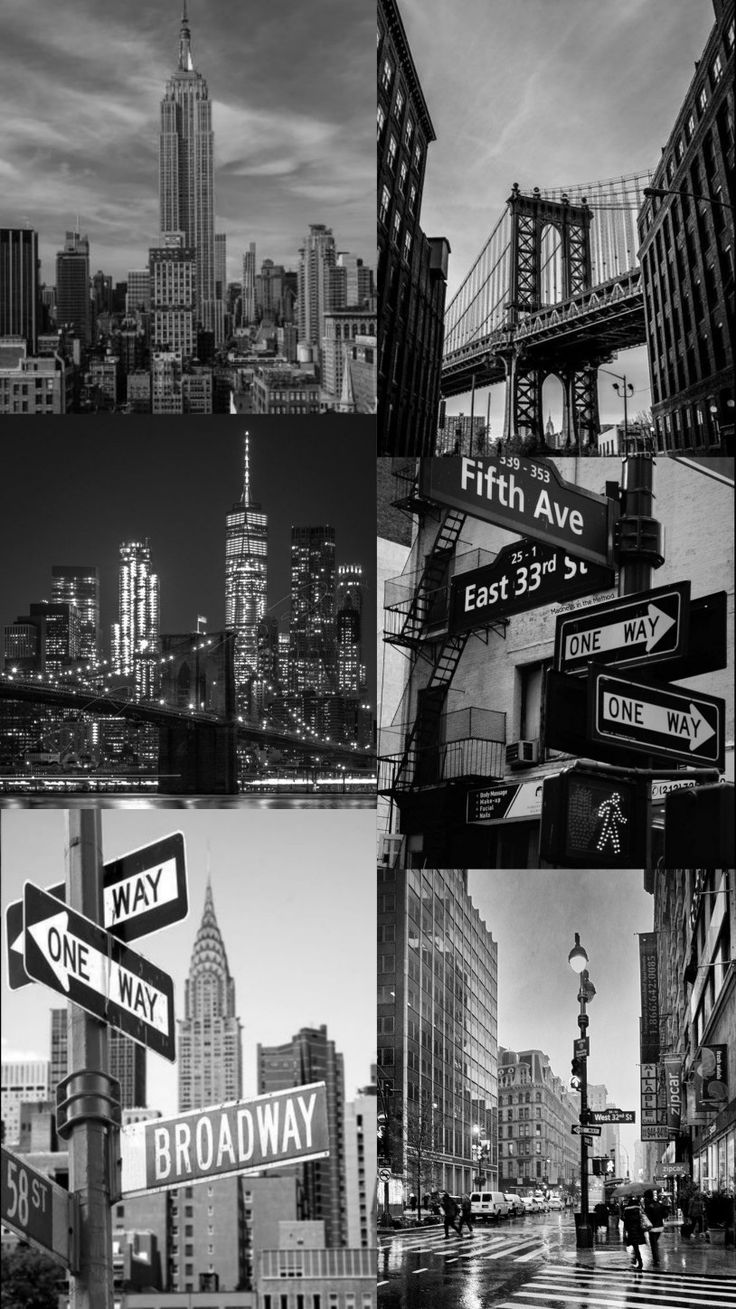 Brooklyn Bridge, Empire State Building, Broadway, New York, Collage, Schwarzweiß, Sperrbildschirm
