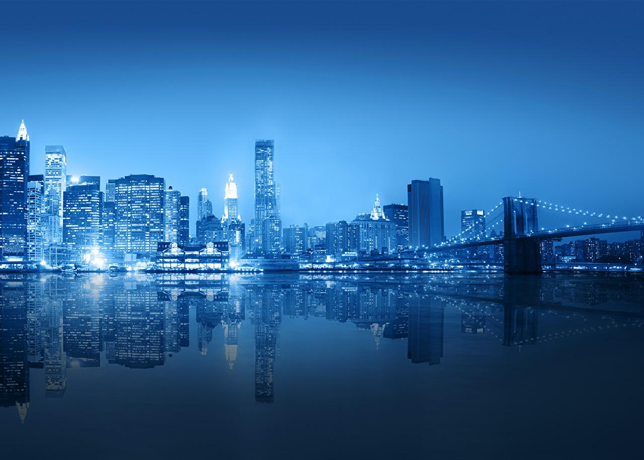 Manhattan, Brooklyn Bridge, New York, Blaue Stunde, Spiegelung, Skyline, HD, Desktop-Hintergrund