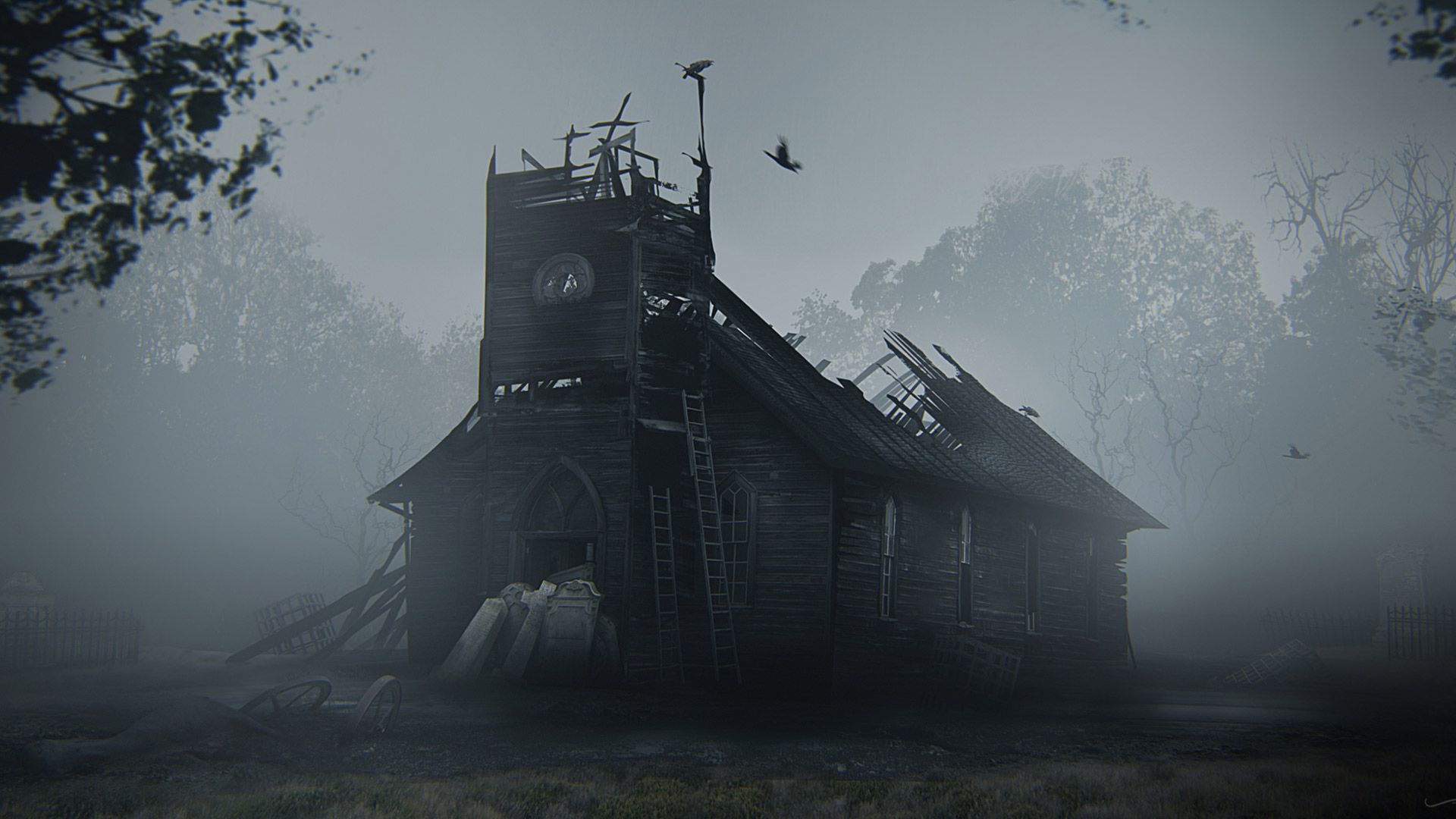 Hunt: Showdown, Kirche, Ruine, Nebel, Krähen, 1920x1080, Full-HD-Hintergrundbild für PC