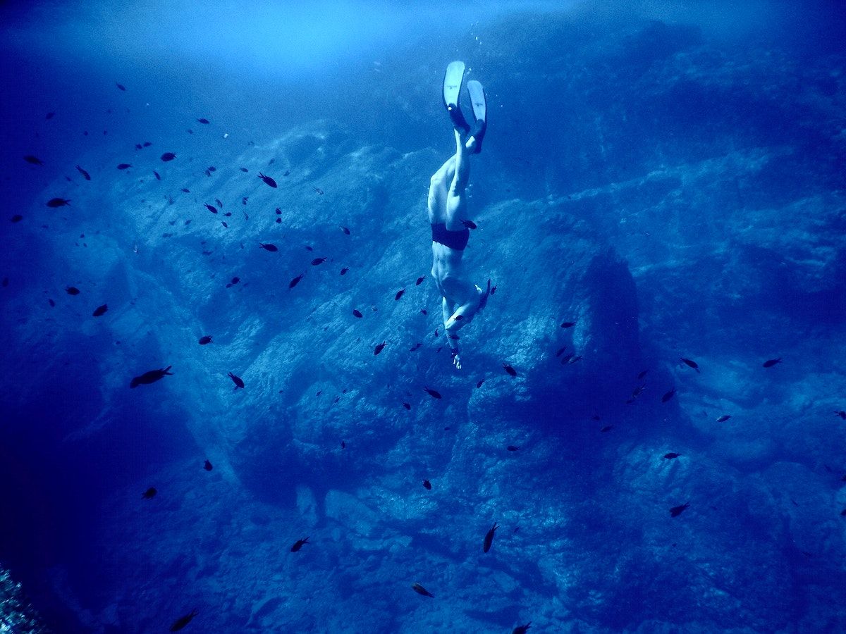 Freitaucher, Monoflosse, Fische, Riff, Tiefblau, Hintergrundbild für iPad und Tablet