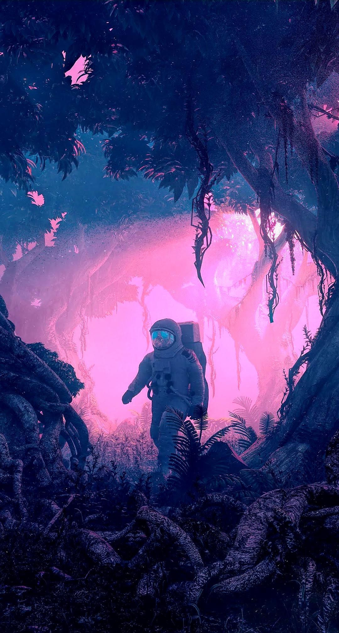 Taucher, Unterwasserhöhle, Rosa Licht, Fantasy, Digitale Kunst, Full HD, Handy-Hintergrundbild
