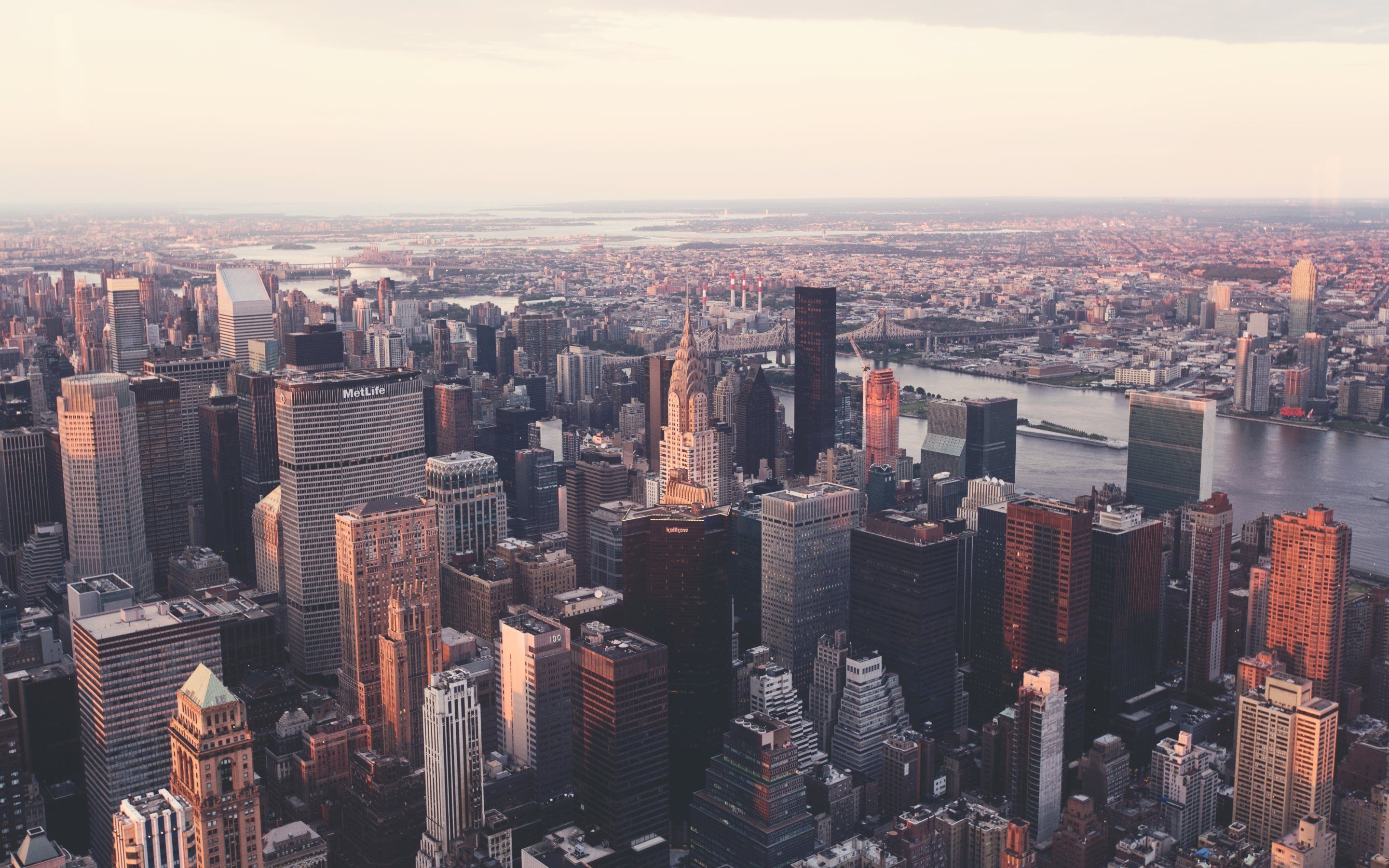 Manhattan, New York, Luftaufnahme, Stadtpanorama, Dämmerung, 2K, Desktop-Hintergrund