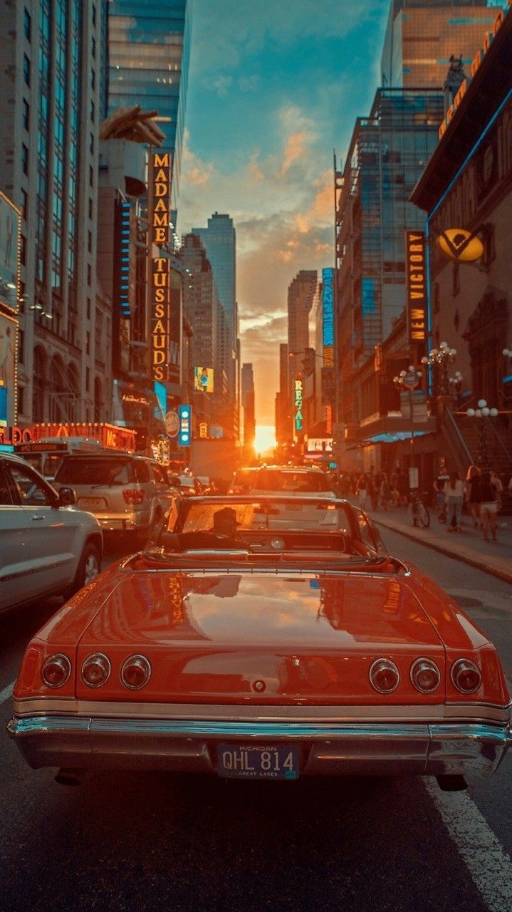 Manhattanhenge, New York, Oldtimer, Sonnenuntergang, Straßenschlucht, Android-Hintergrundbild