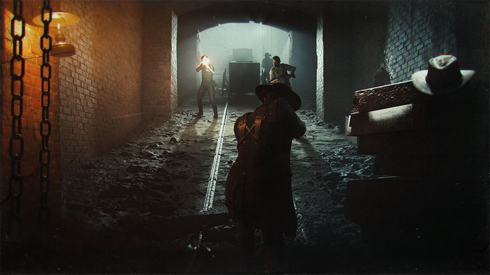 Hunt: Showdown, Jäger, Tunnel, Ziegelwand, Taschenlampe, 1920x1080, Desktop-Hintergrund