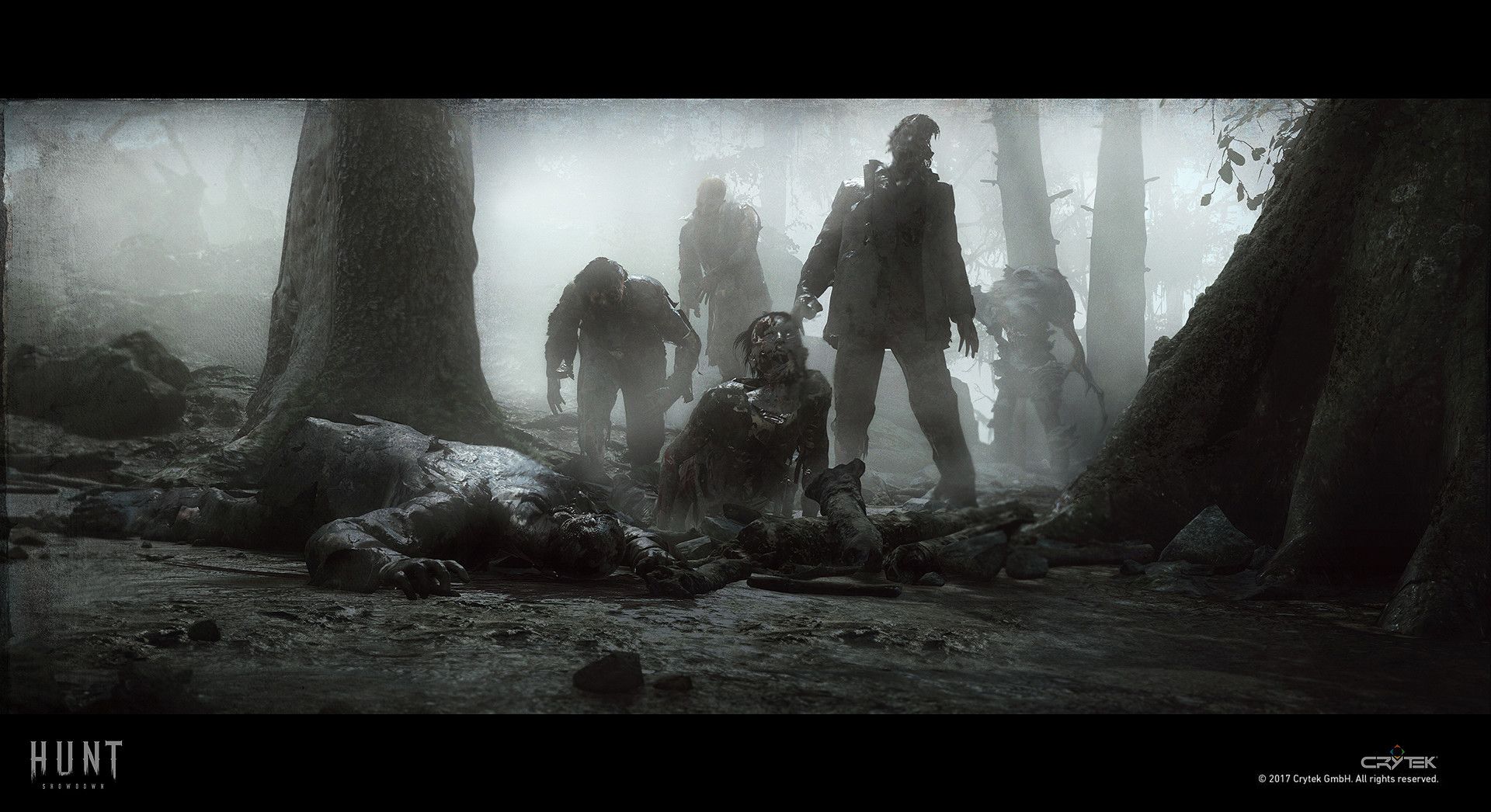 Hunt: Showdown, Crytek, Jäger, Leichen, Nebelwald, Schwarz-Weiß, Full-HD-Hintergrundbild für PC