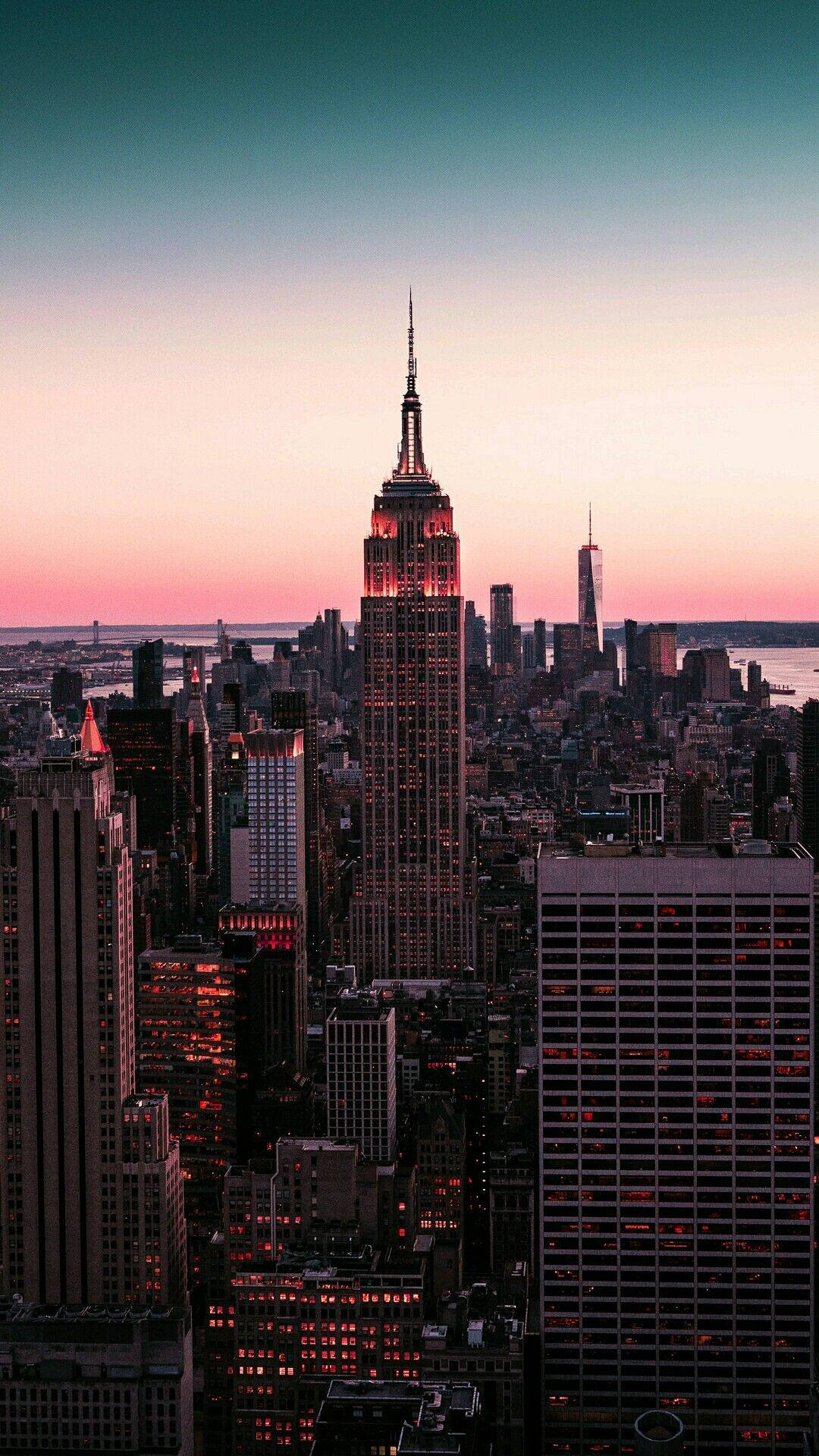 Empire State Building, New York, Sonnenuntergang, Türkiser Himmel, Skyline, Full HD, Handy-Hintergrund