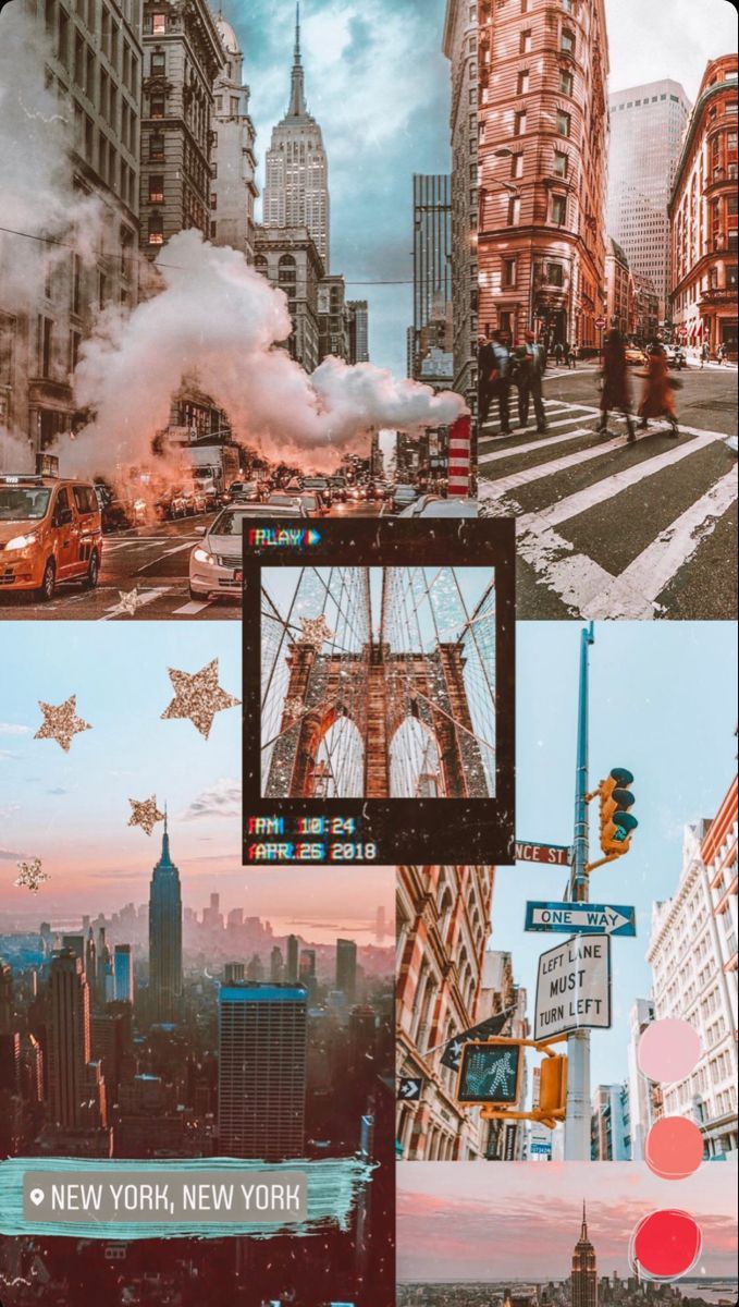 New York City, Brooklyn Bridge, Empire State Building, Collage, Pastell, Ästhetik, iPhone-Hintergrundbild