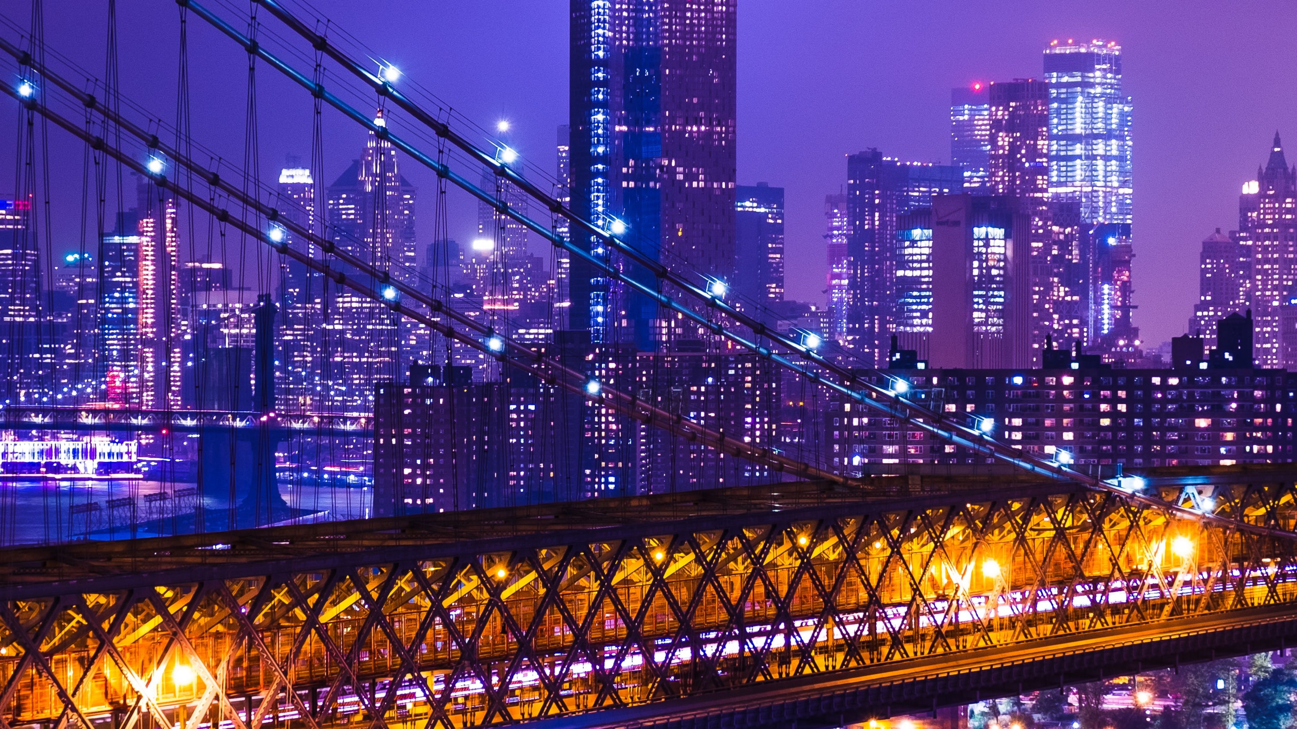 Manhattan, New York, Brücke, Nacht, Lila Licht, Skyline, 4K, Breitbild-Hintergrundbild