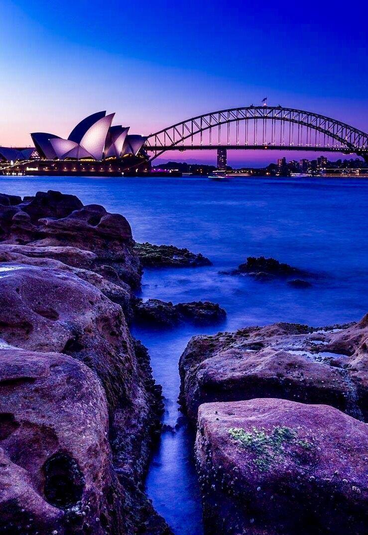 Sydney Opera House, Sydney Harbour Bridge, Felsen, Langzeitbelichtung, Blau, iPad-Hintergrundbild