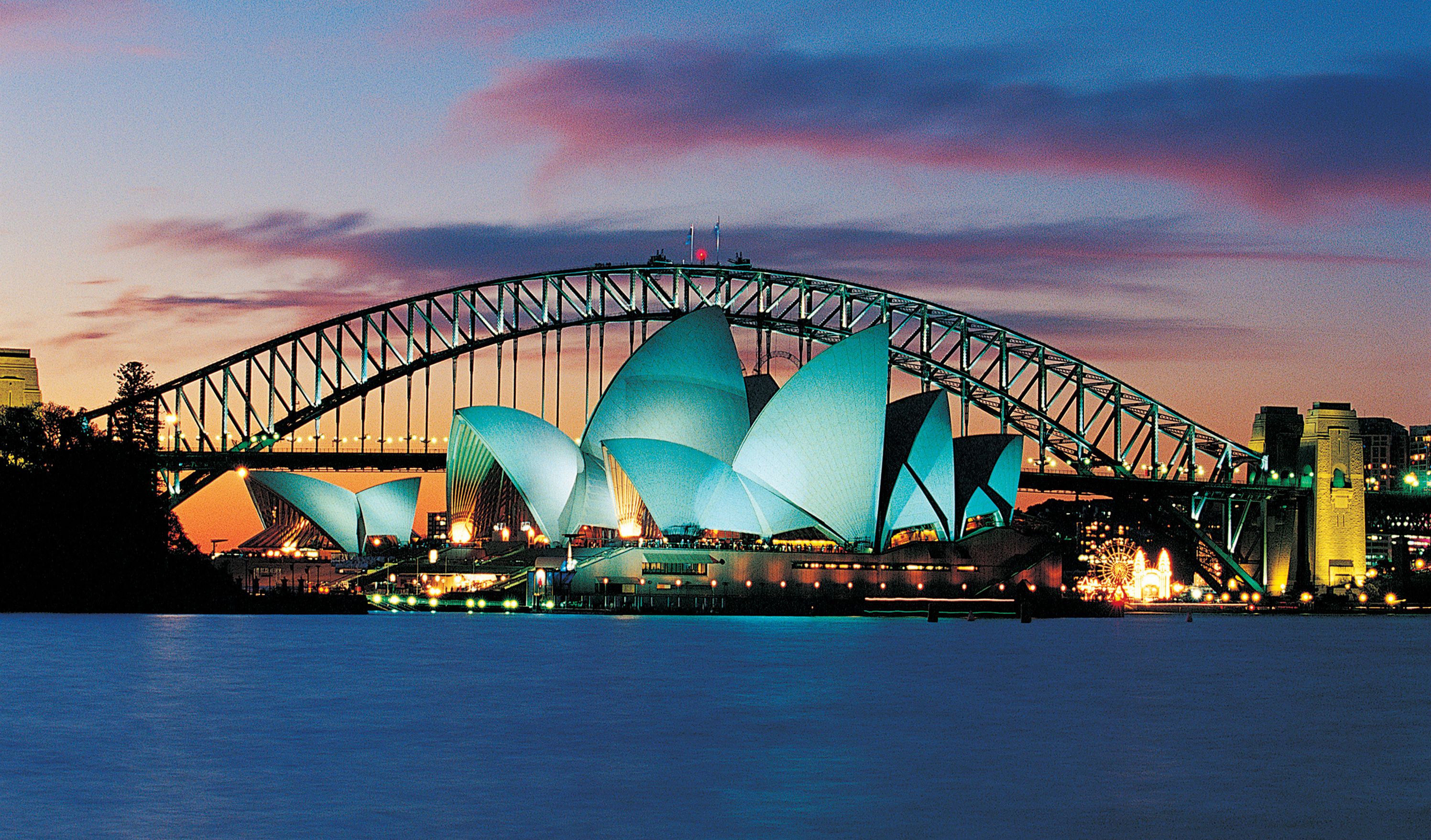 Sydney Harbour Bridge, Sydney Opera House, Sydney, Beleuchtung, Abendrot, 2K-Hintergrundbild für PC