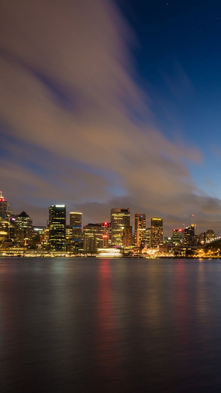 Sydney, Skyline, Langzeitbelichtung, Wolken, Wasser, HD, Handy-Hintergrund im Hochformat