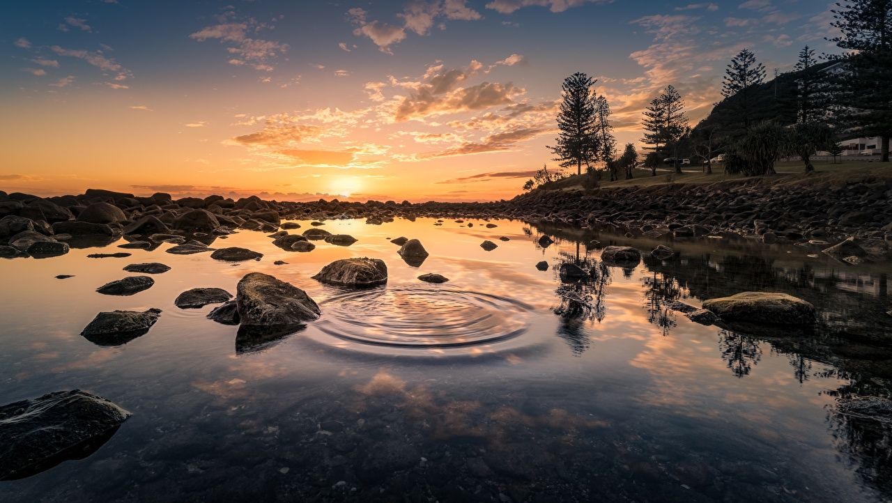 Sonnenuntergang, Steine, Wasser, Ringe, Spiegelung, 16:9, HD-Hintergrundbild für den Desktop