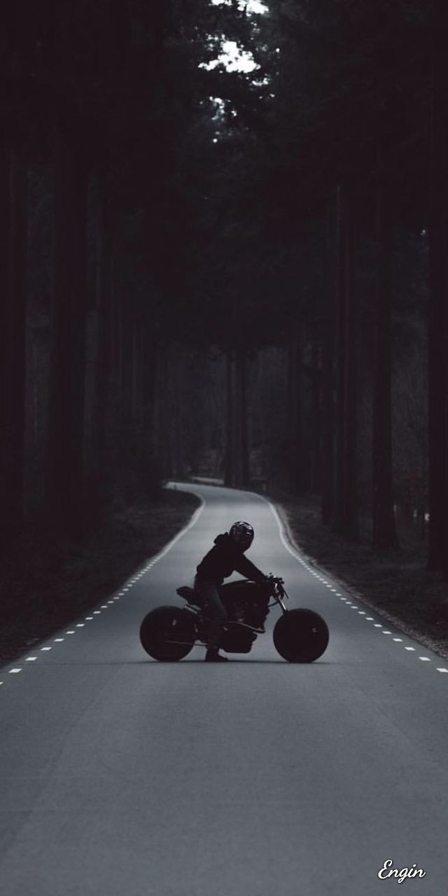 Motorradfahrer, Waldstraße, Rückansicht, Dunkel, Bäume, Hochformat, Hintergrundbild fürs Smartphone