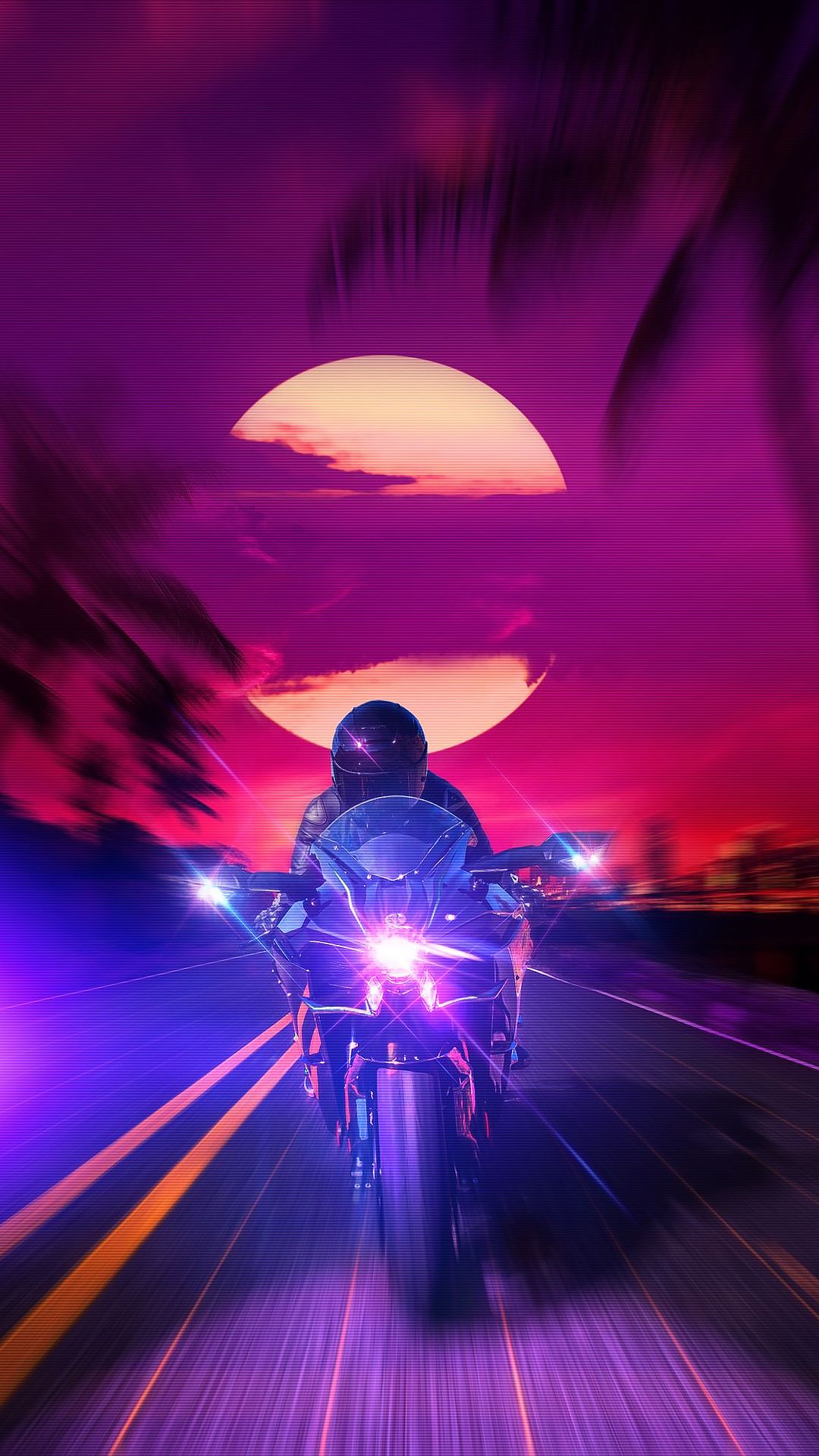 Synthwave, Motorradfahrer, Sonne, Palmen, Lila, Neon, Full HD, Handy-Hintergrund im Hochformat