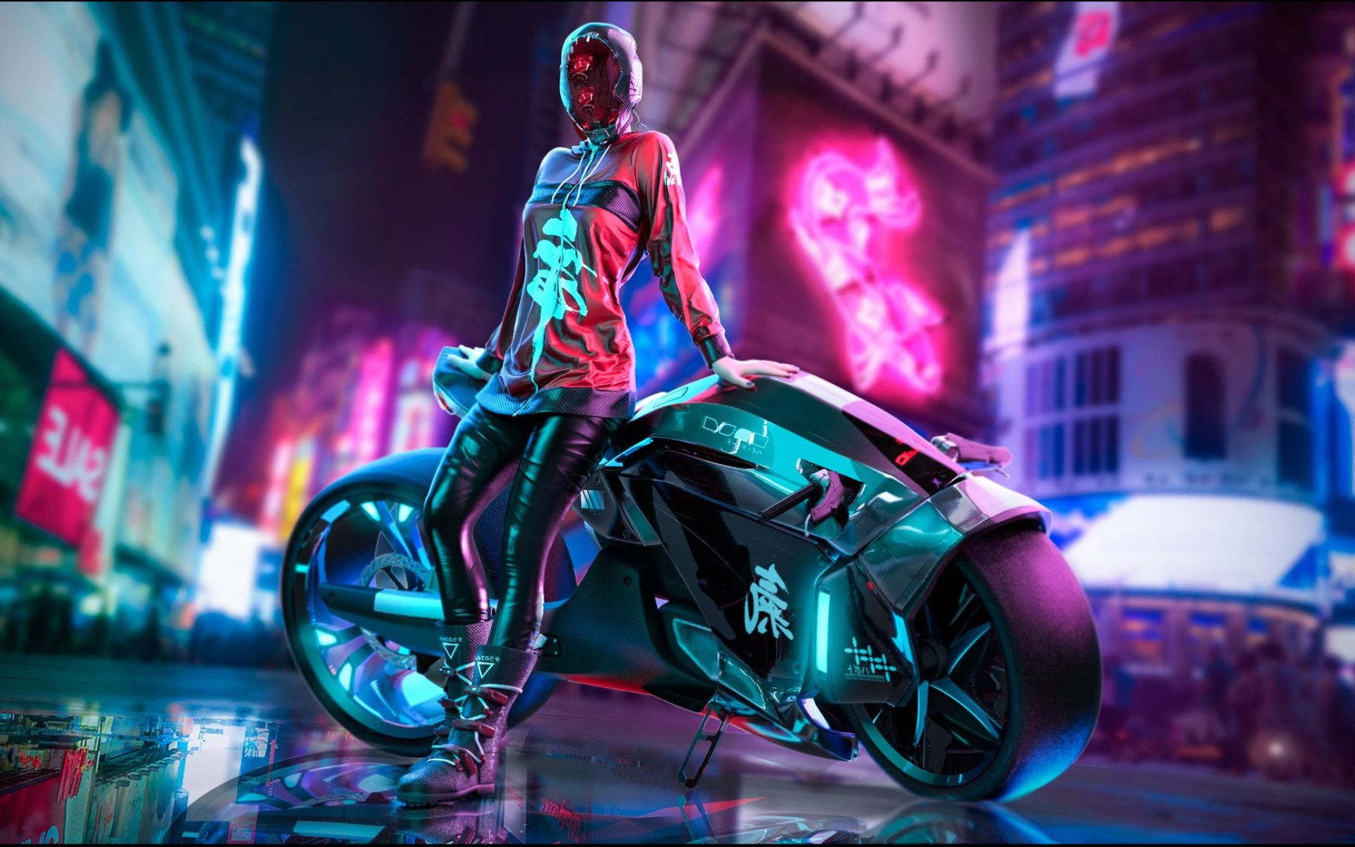 Cyberpunk, Futuristisches Motorrad, Frau, Neonlichter, Stadt, Nacht, Full HD, Windows-Hintergrundbild