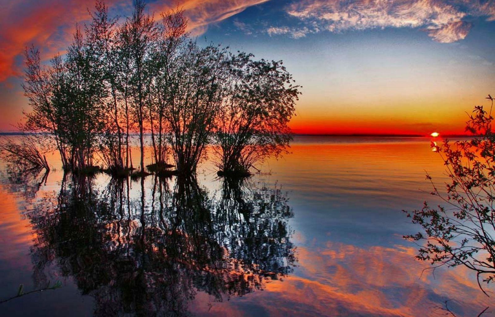 Bäume im Wasser, Sonnenuntergang, Spiegelung, See, Roter Himmel, HD-Hintergrundbild für PC