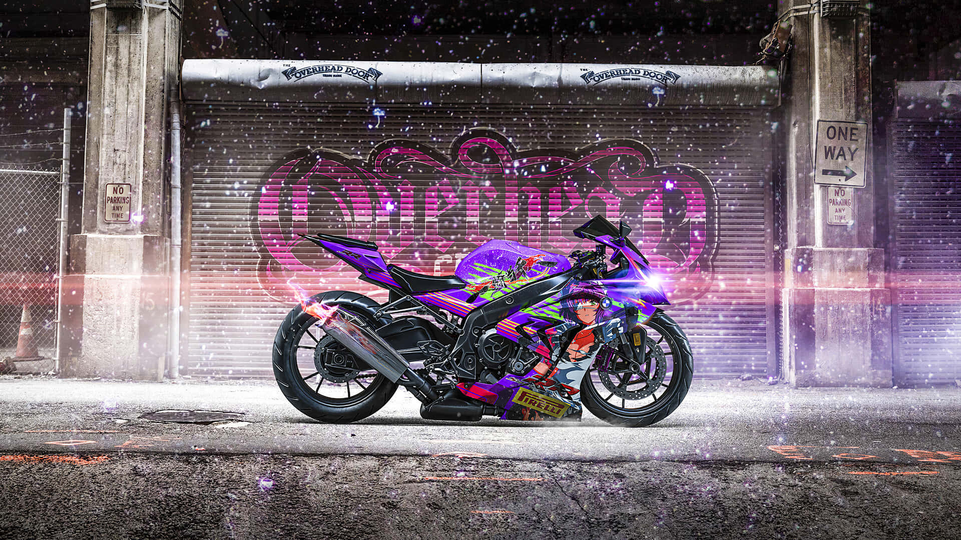 Superbike, Graffiti, Lila, Rolltor, Glitzer, 16:9, Full-HD-Hintergrundbild für den Desktop