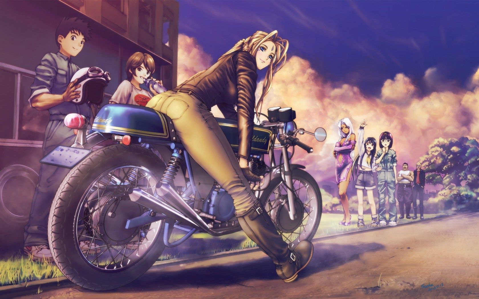 Anime, Motorrad, Mädchen, Gruppe, Sonnenuntergang, Illustration, HD, Windows-Hintergrundbild