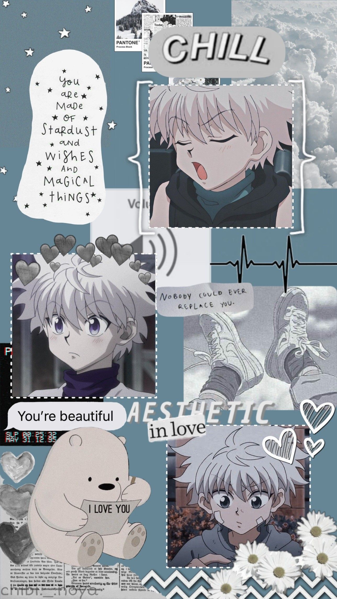 Killua Zoldyck, Hunter × Hunter, Collage, Chill, Blaugrau, Ästhetik, Hintergrundbild fürs Handy