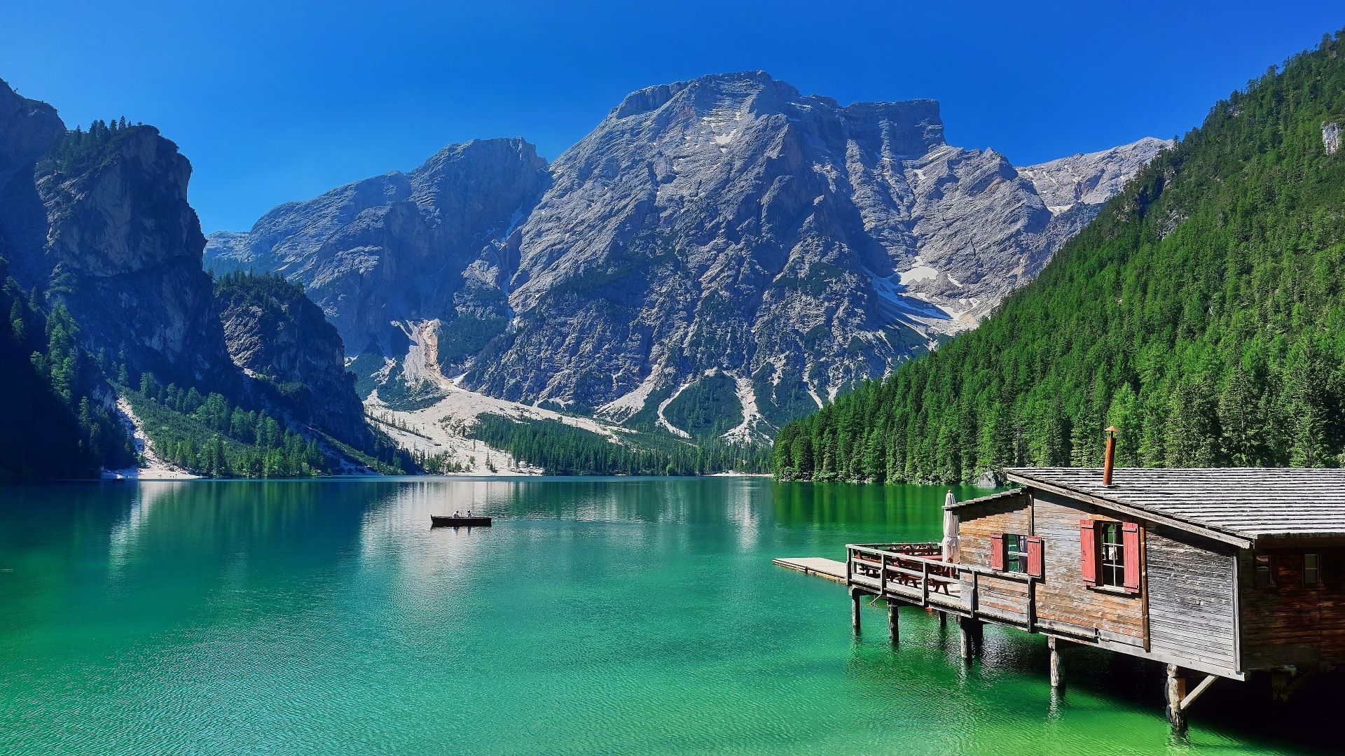 Pragser Wildsee, Lago di Braies, Dolomiten, Südtirol, Bootshaus, Bergsee, 1920x1080, PC-Hintergrundbild