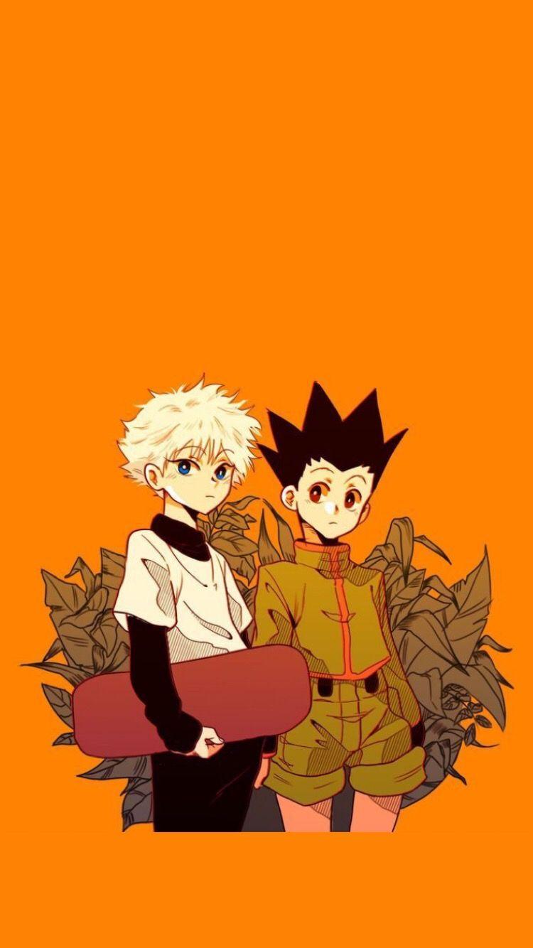 Gon Freecss, Killua Zoldyck, Hunter × Hunter, Orangefarbener Hintergrund, Herbstlaub, Sperrbildschirm