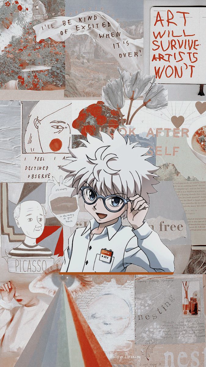 Killua Zoldyck, Hunter × Hunter, Collage, Rot-Weiß, Ästhetik, Hintergrundbild fürs Handy