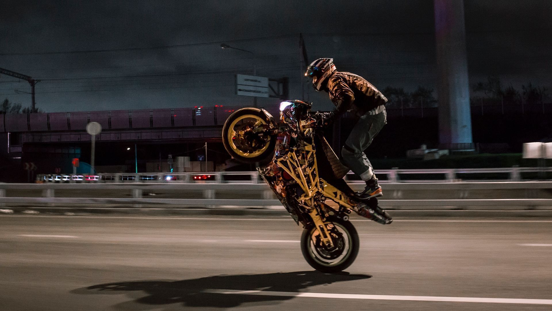 Wheelie, Stunt, Fahrer, Straße, Abend, Full HD 1080p, Desktop-Hintergrundbild