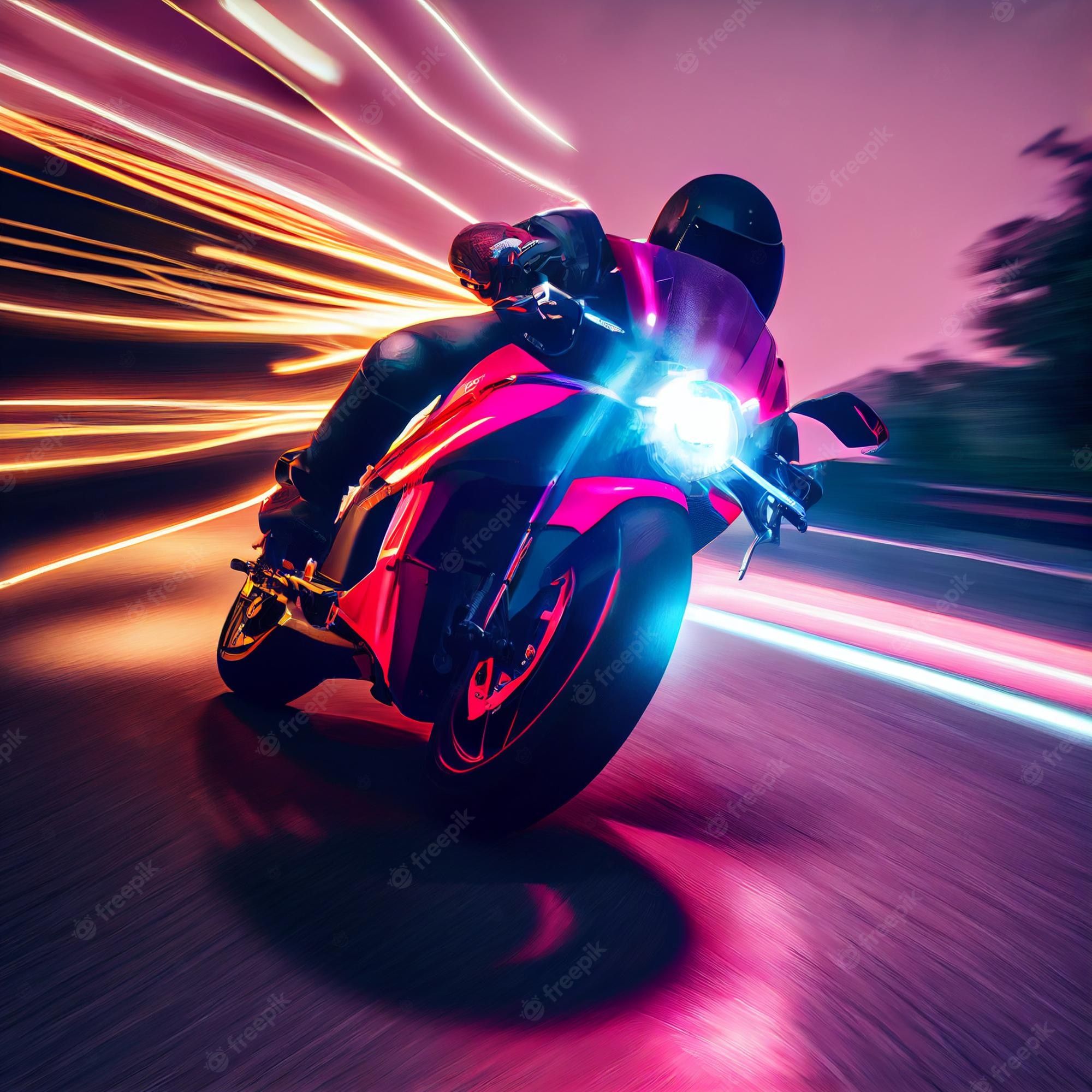 Motorradfahrer, Lichtstreifen, Geschwindigkeit, Rot, Neon, Digital Art, Hintergrundbild fürs iPad