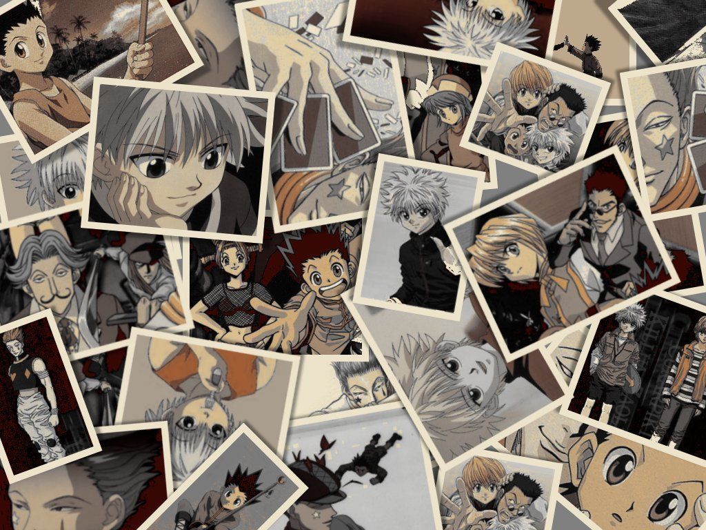 Hunter × Hunter, Polaroid-Collage, Manga, Sepia, Figuren, Hintergrundbild fürs iPad