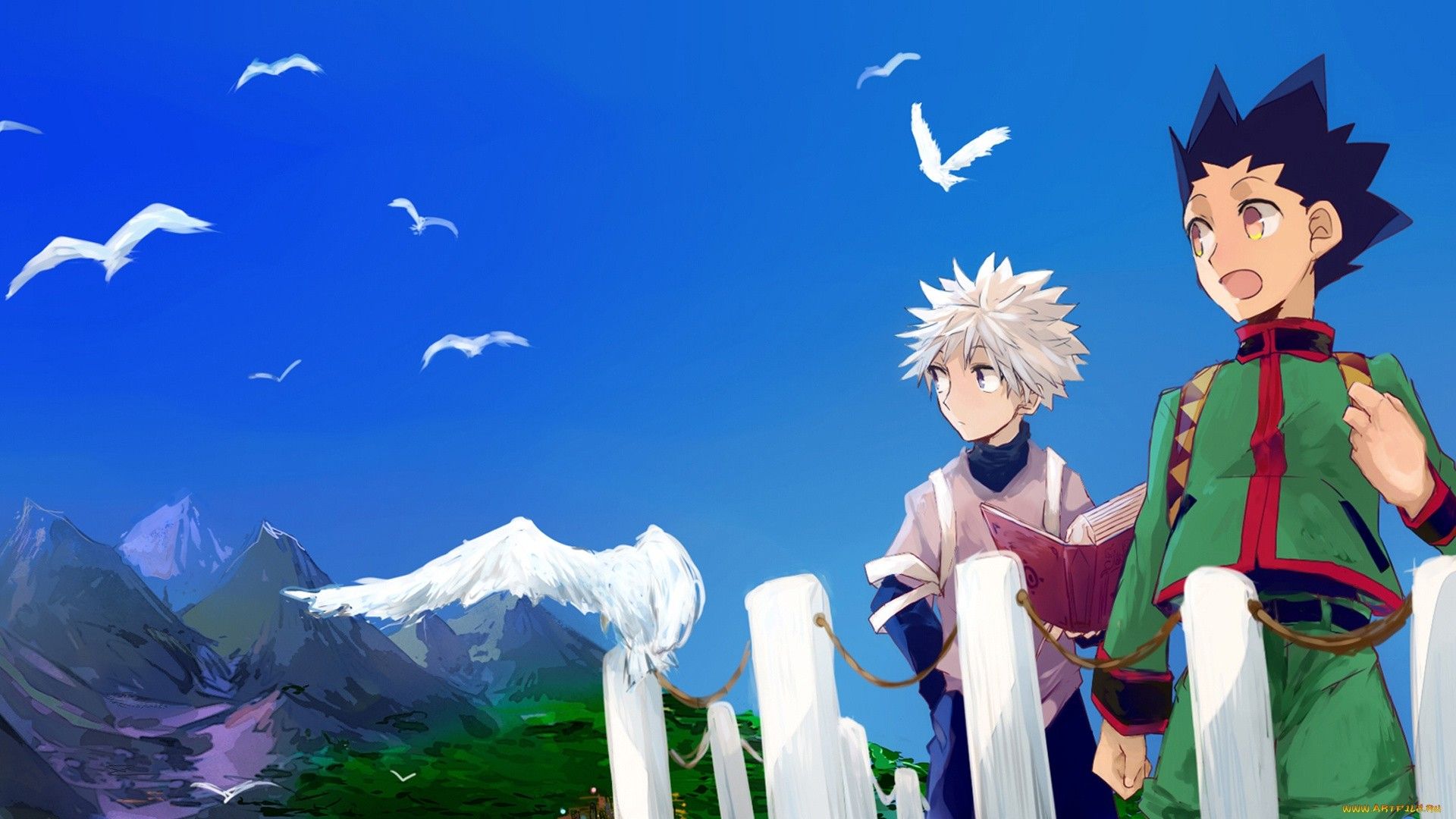 Gon Freecss, Killua Zoldyck, Hunter × Hunter, Blauer Himmel, Berge, Möwen, 1920x1080, Desktop-Hintergrund